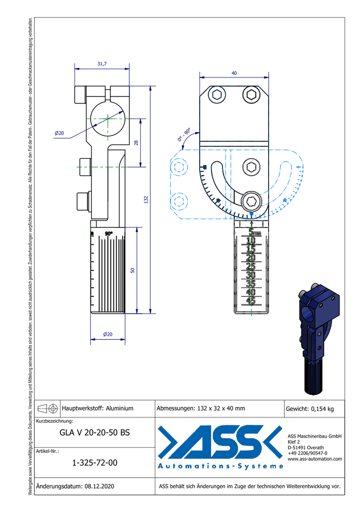 GLA V 20-20-50 BS Elbow Arm, reinforced, Blue Scale