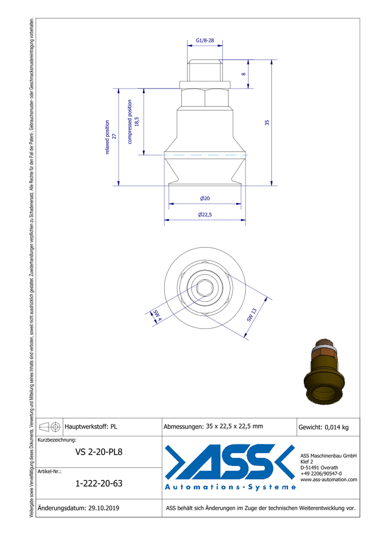 VS 2-20-PL8 Vacuum Cup, 2 Bellows