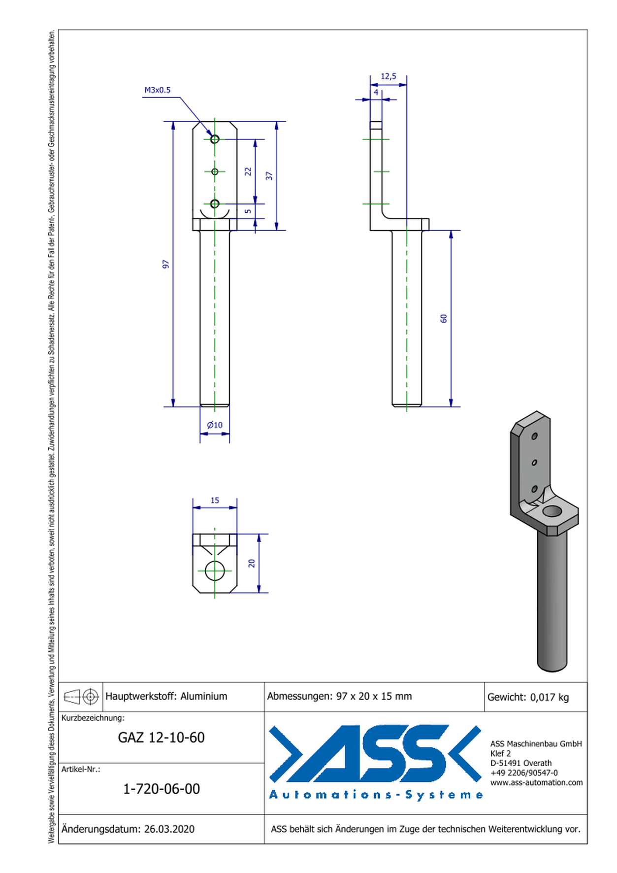 GAZ 12-10-60 Gripper Arm for Short Stroke Cylinder 