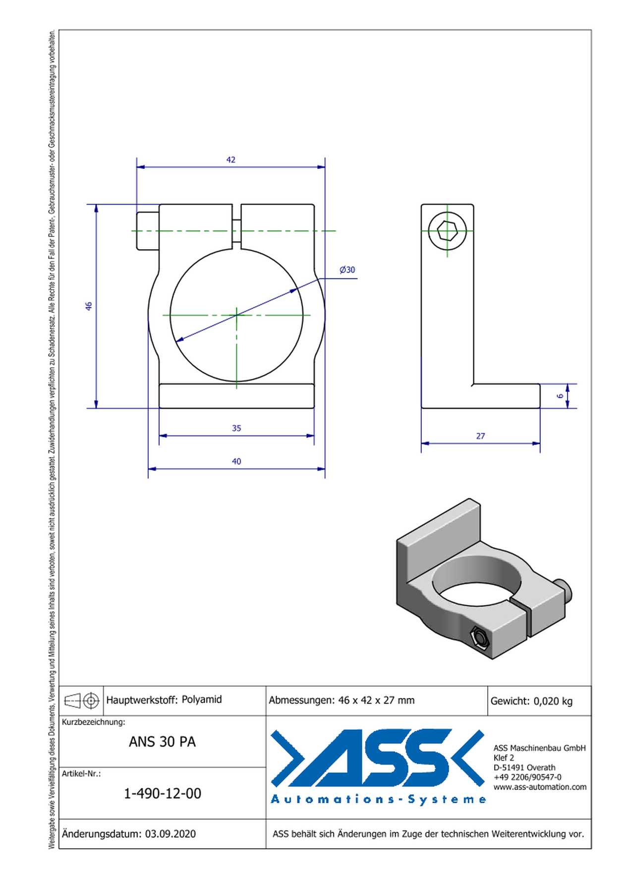 ANS 30 PA Holding Bracket made of Polyamide 