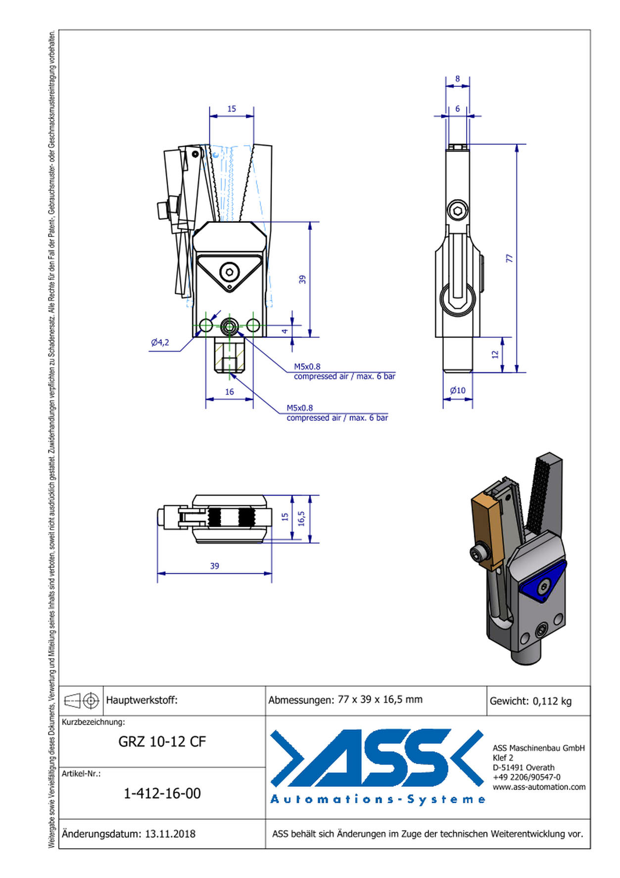 GRZ 10-12 CF Gripper with Jaw Type: Chequered / Sensor