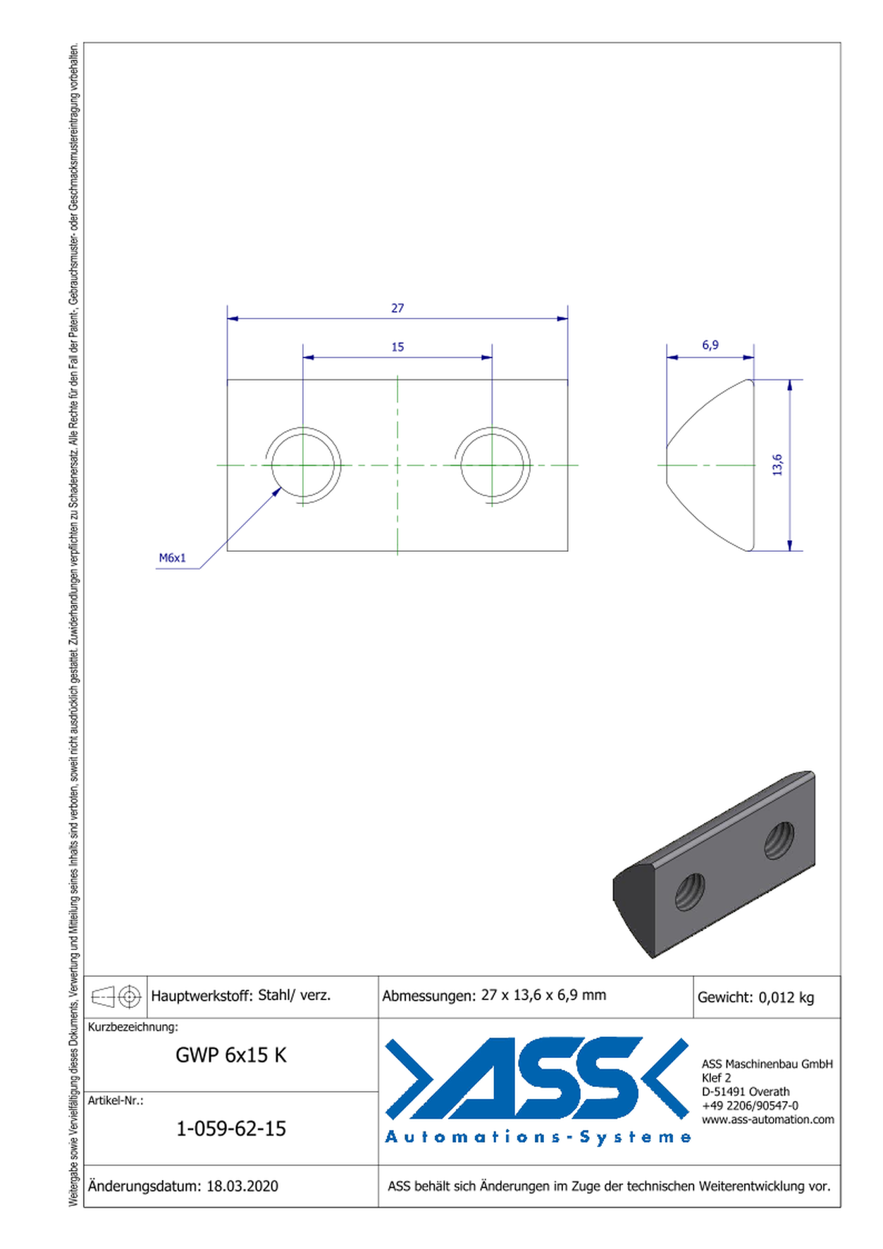 GWP 6-15 K Channel Nut with two Threads M6