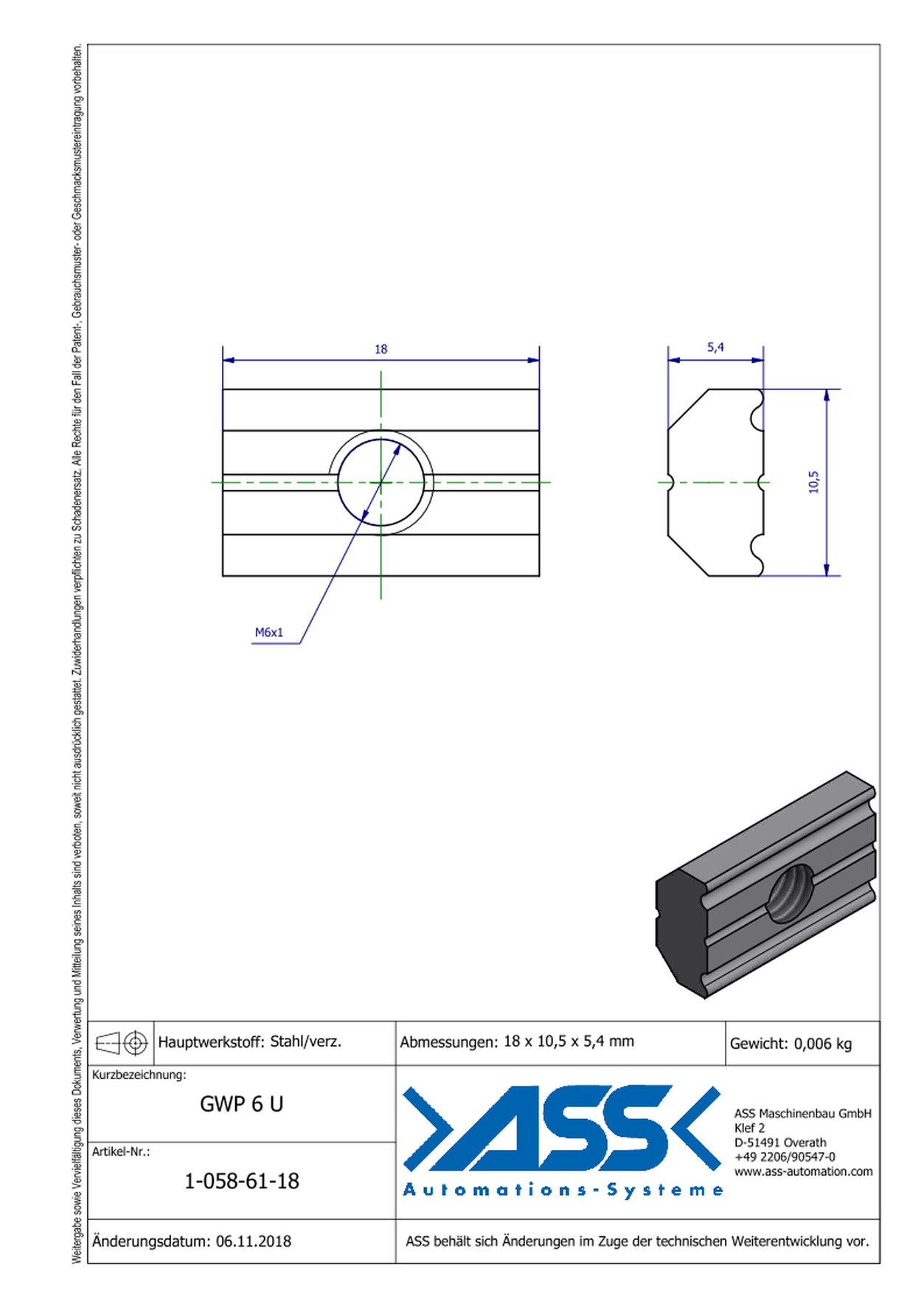 GWP 6 U Channel Nut with one Thread M6