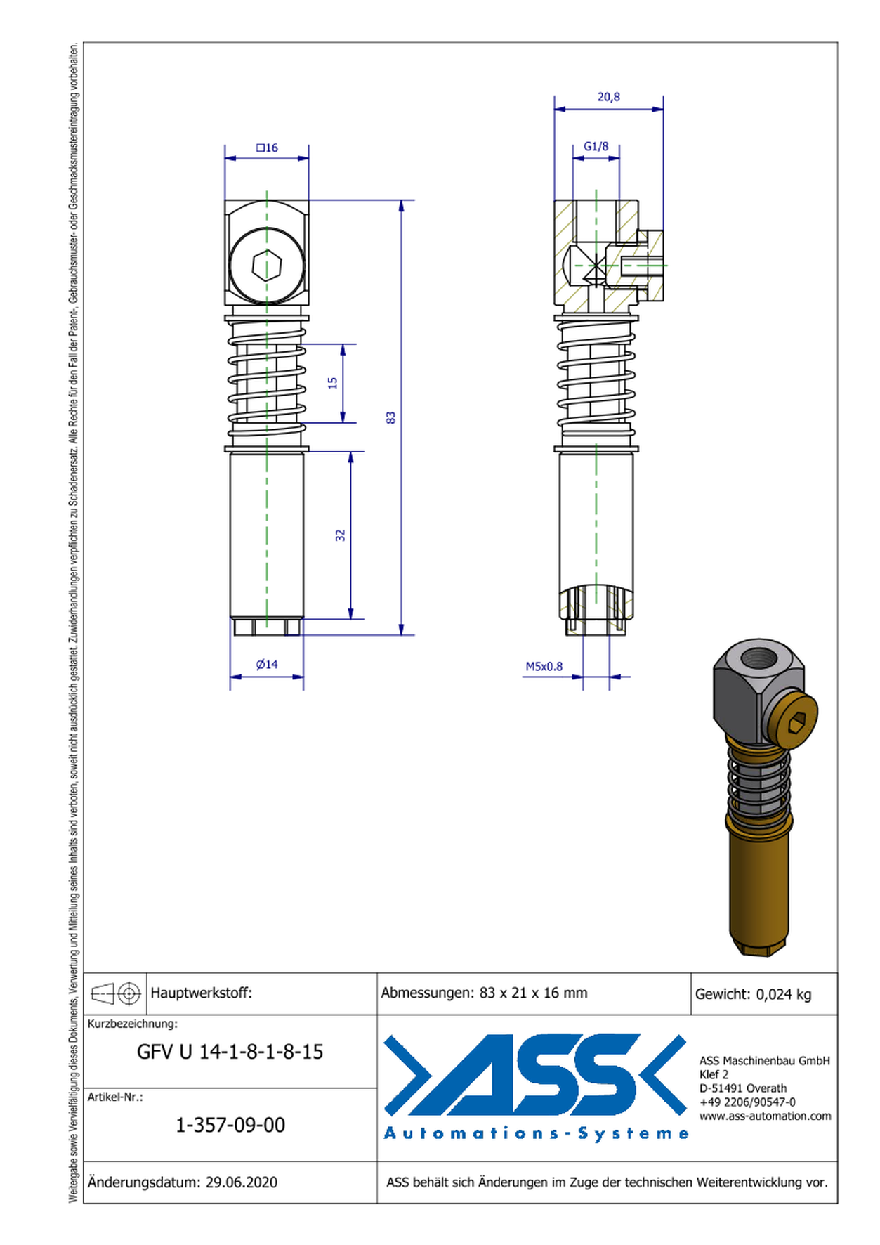 GFV U 14-1/8-1/8-15 Spring Load. Gripper Arm, lock ag. rot., Air Duct