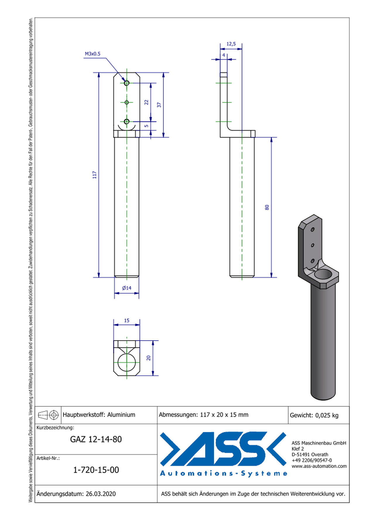 GAZ 12-14-80 Gripper Arm for Short Stroke Cylinder 