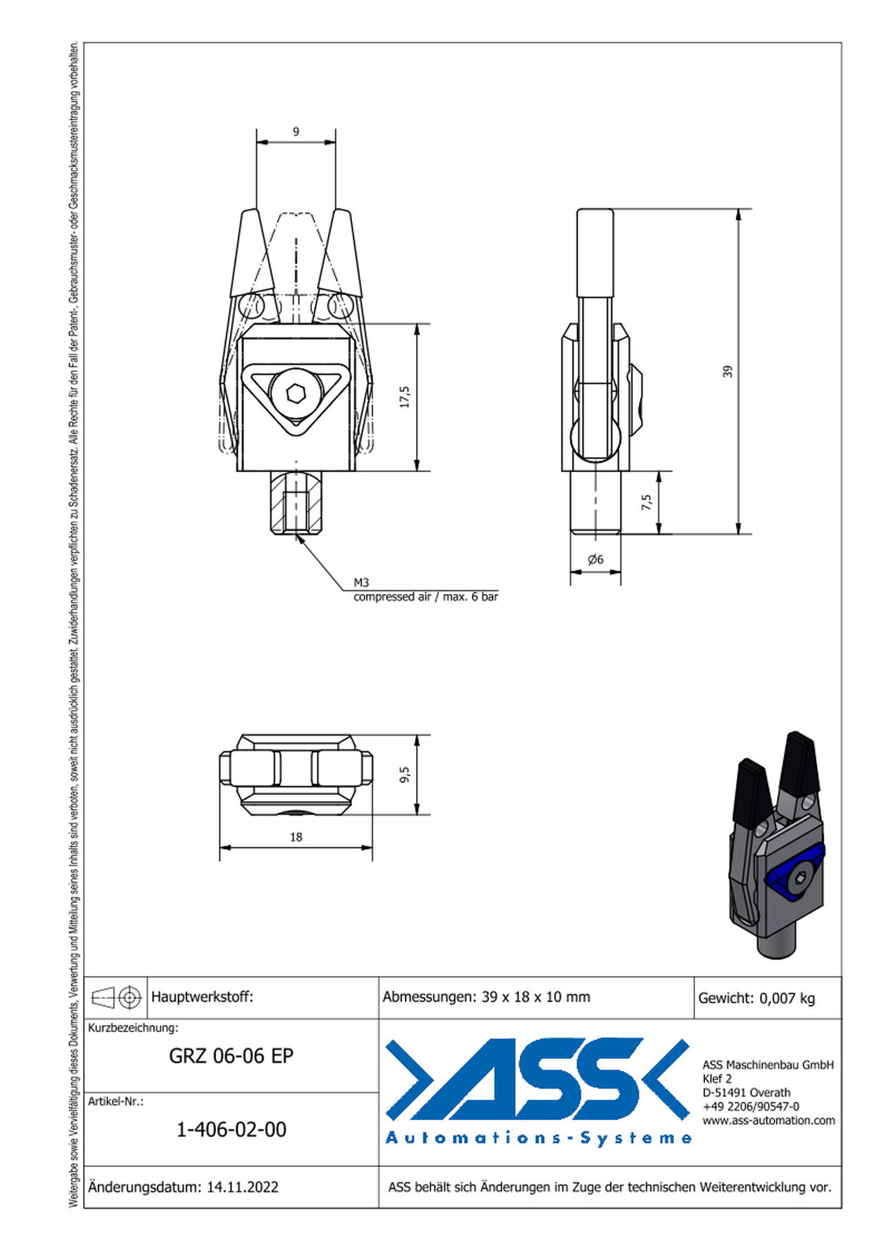 GRZ 06-06 EP Micro Gripper, Jaw Type: both sides EP Shore 60