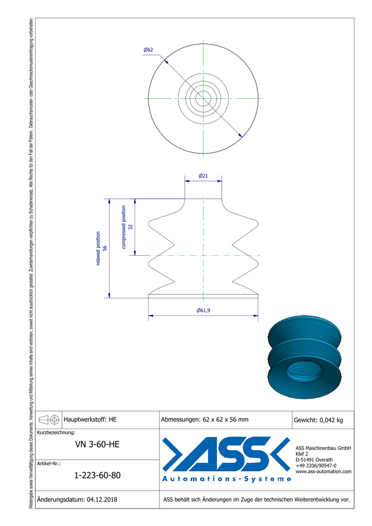 VN 3-60-HE Suction Cup, 3 Bellows