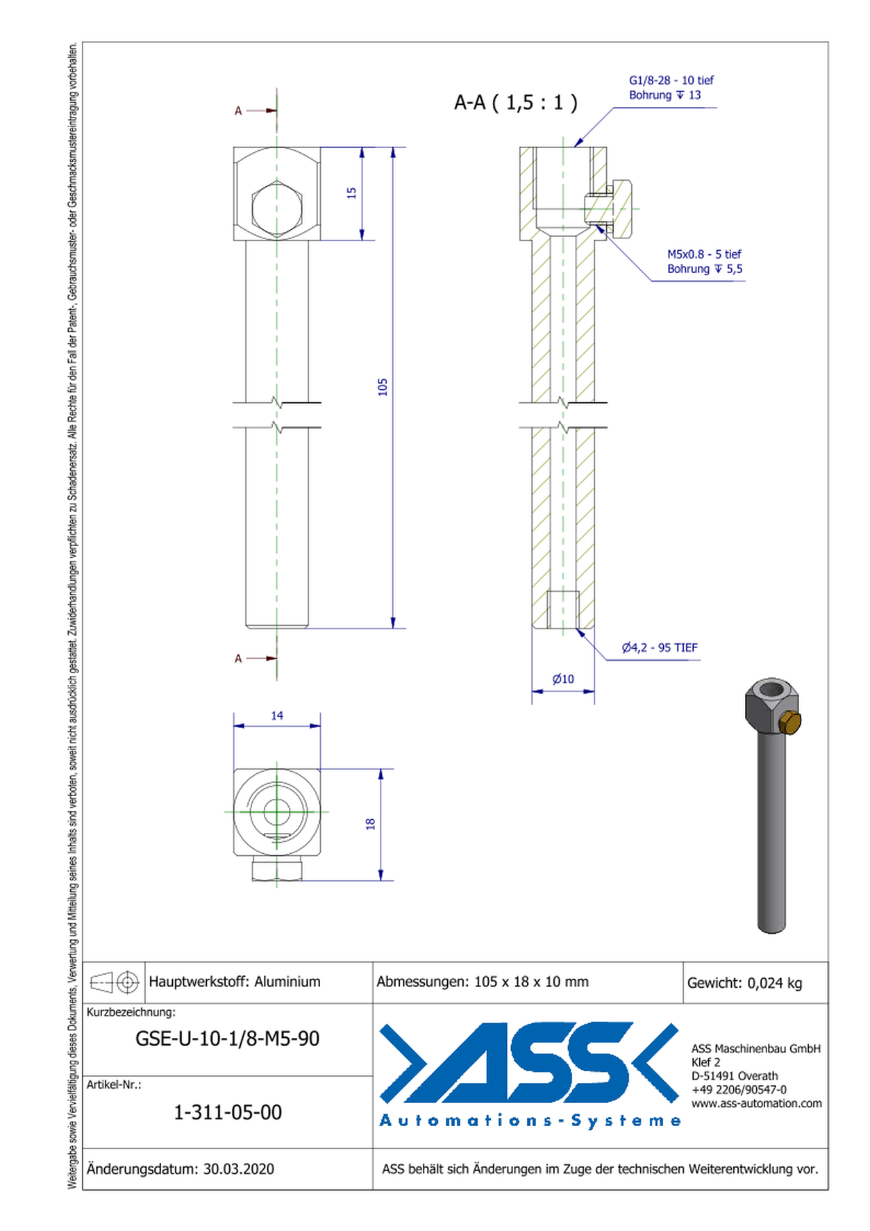 GSE U 10-1/8-M5-90 Gripper Arm for Vacuum Cups with Air Duct