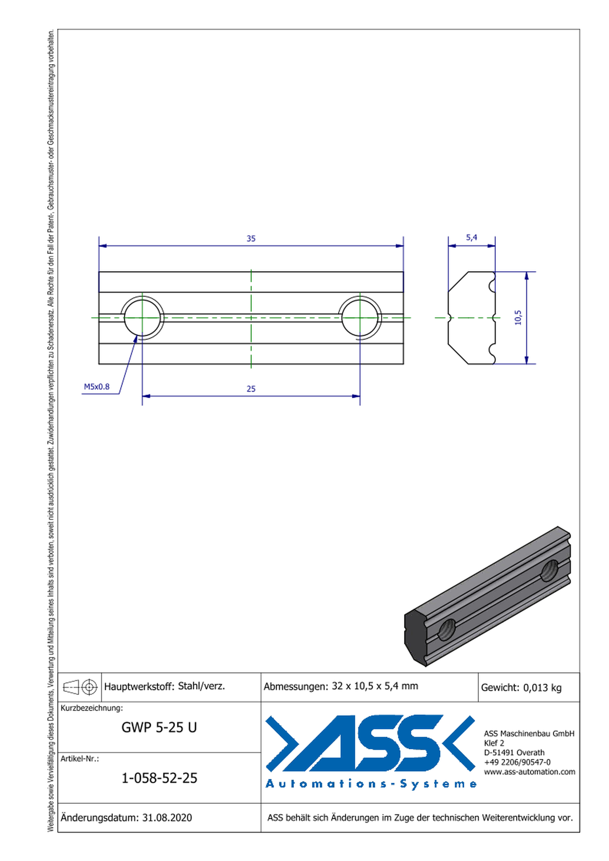 GWP 5-25 U Channel Nut with two Threads M5