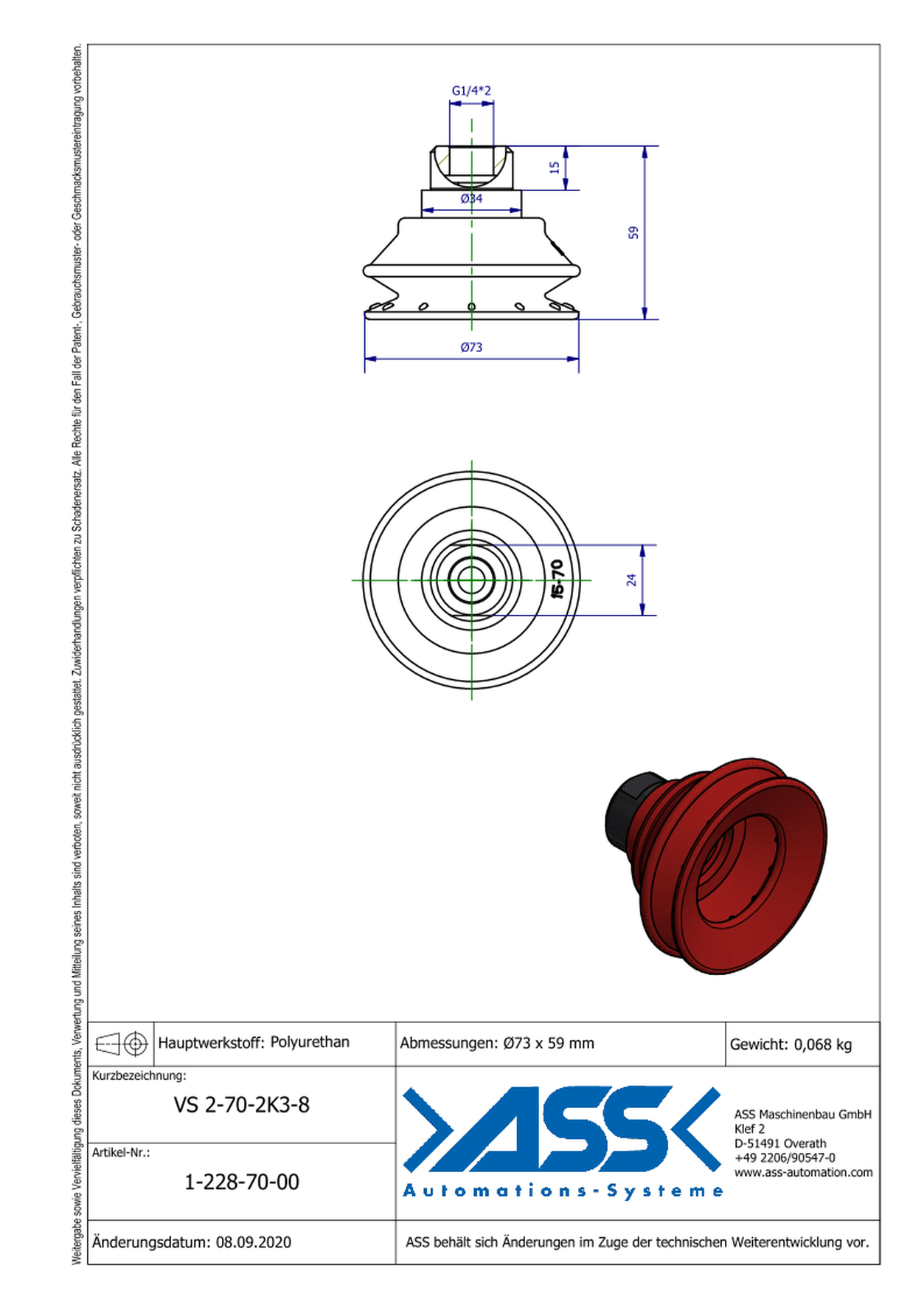 VS 2-70-2K3-8 2-Componet Vacuum Cup with 2 Bellows