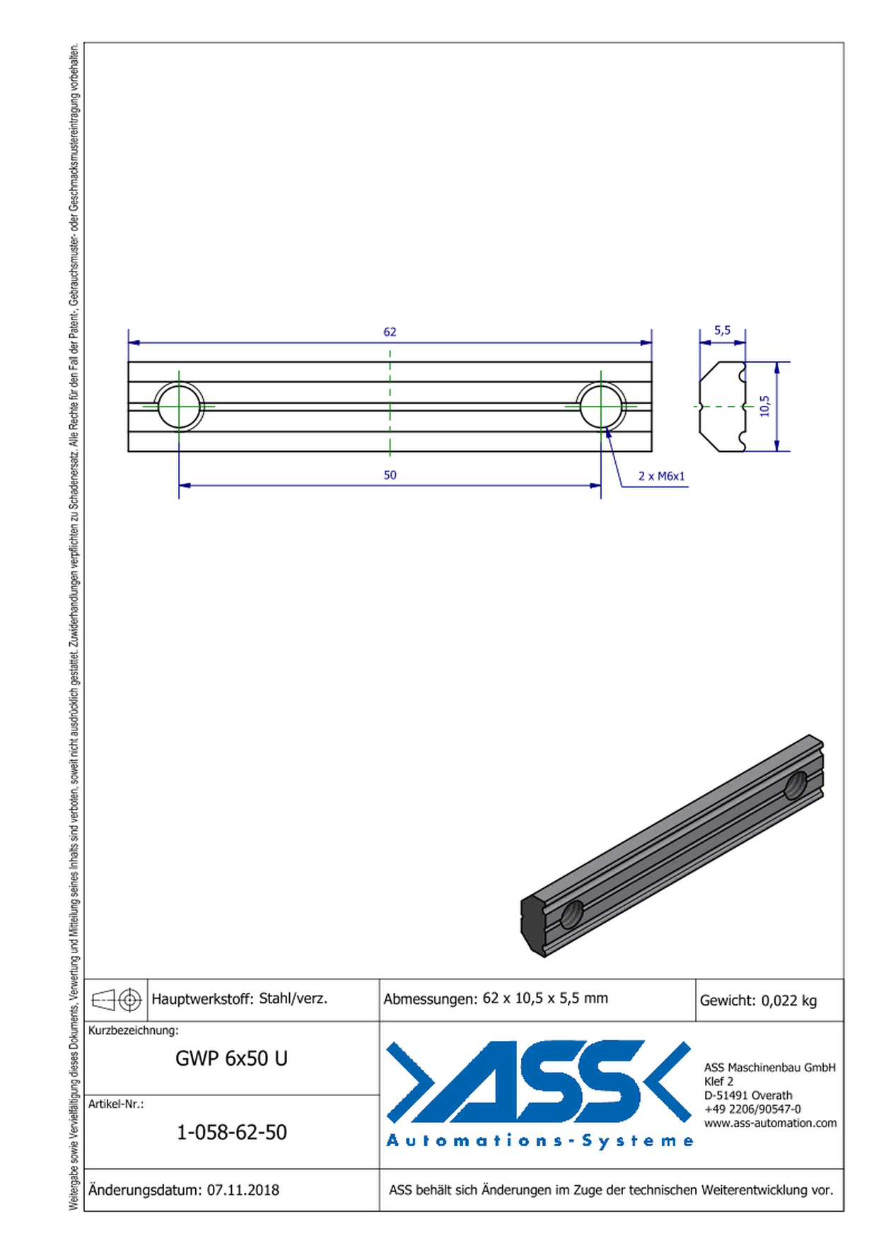 GWP 6-50 U Channel Nut with two Threads M6