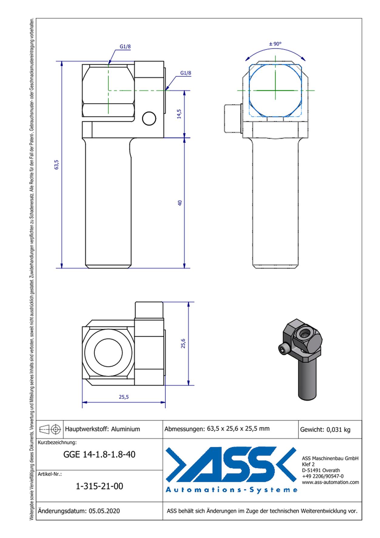 GGE 14-1/8-1/8-40 Elbow Gripper Arm for Vacuum Cups