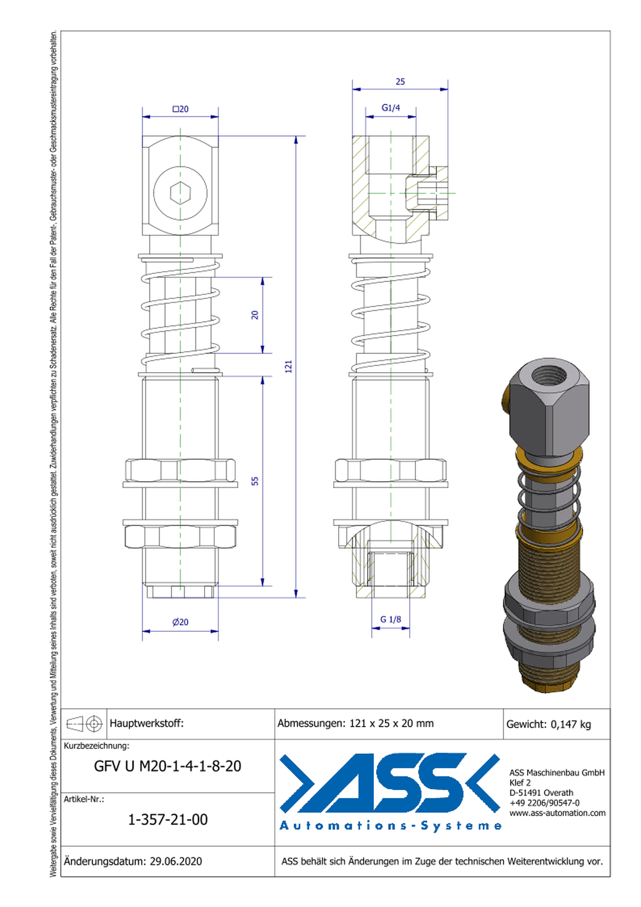 GFV U M20-1/4-1/8-20 Spring Load. Gripper Arm, lock ag. rot., Air Duct