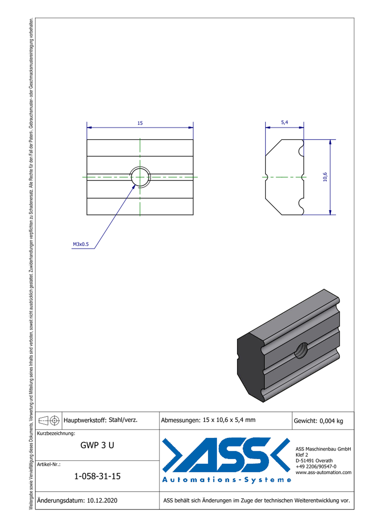 GWP 3 U Channel Nut with one Thread M3