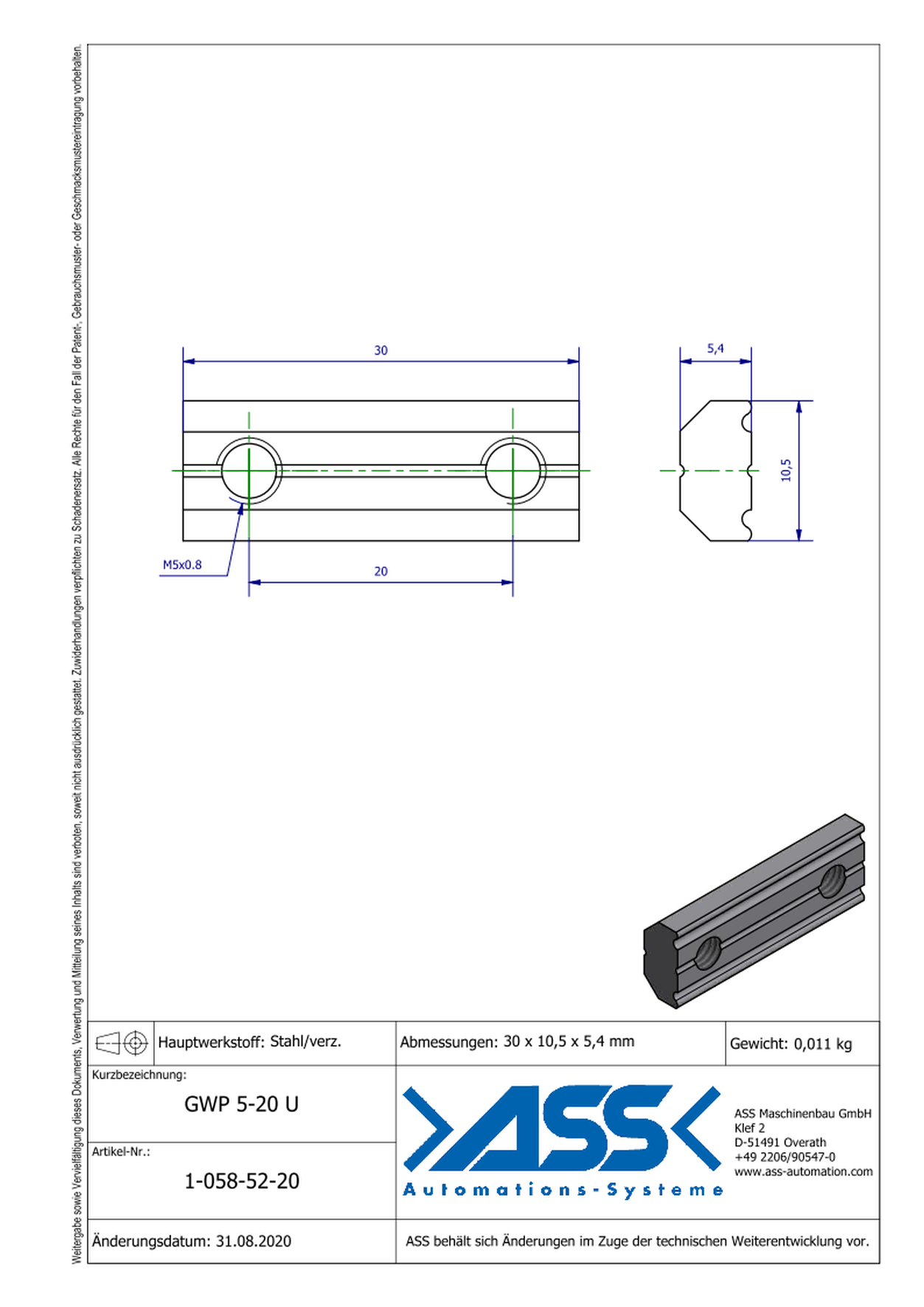 GWP 5-20 U Channel Nut with two Threads M5