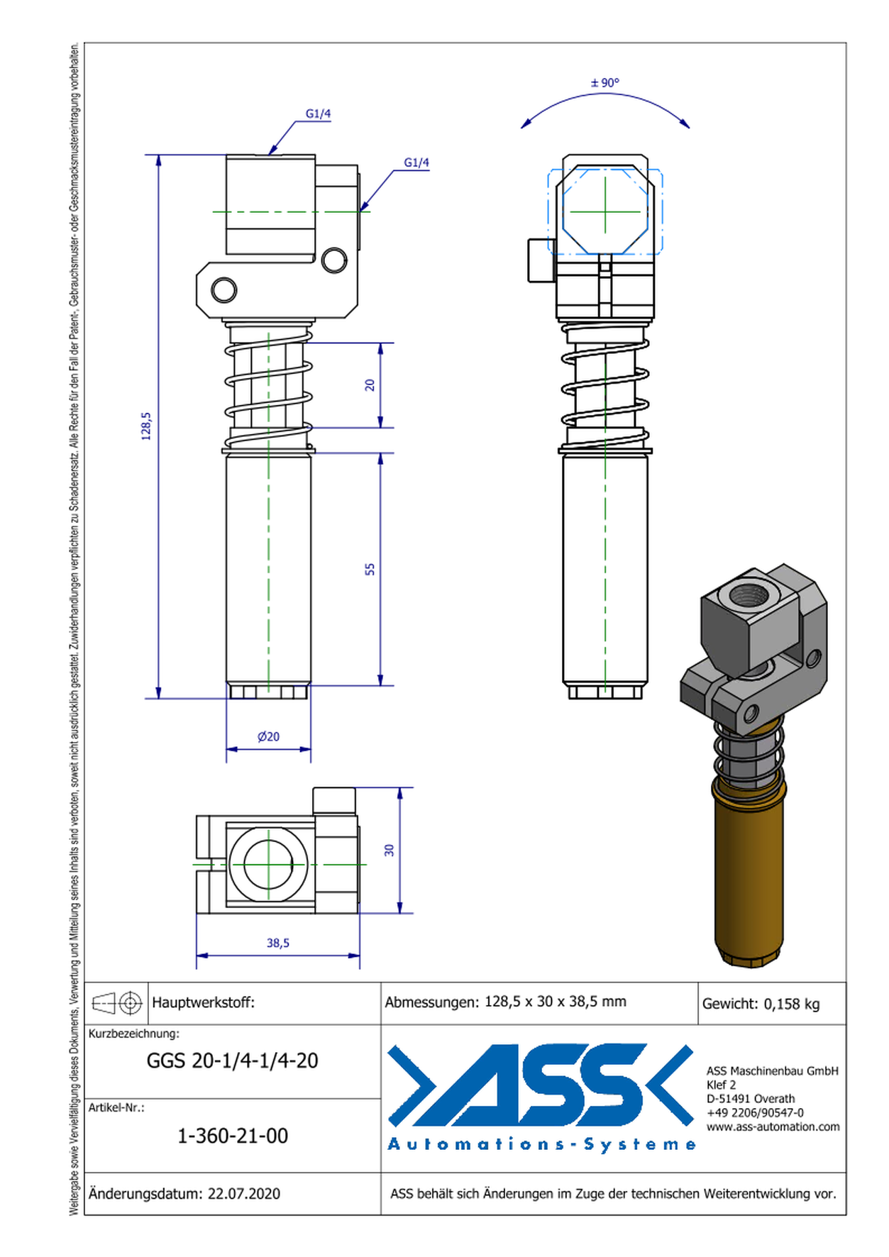 GGS 20-1/4-1/4-20 Spring Loaded Gripper Arm, locked against rotation