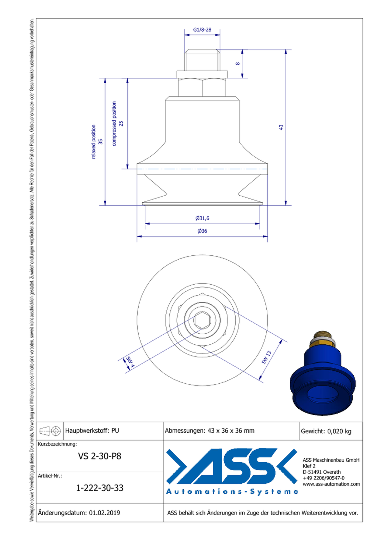 VS 2-30-P8 Vacuum Cup, 2 Bellows