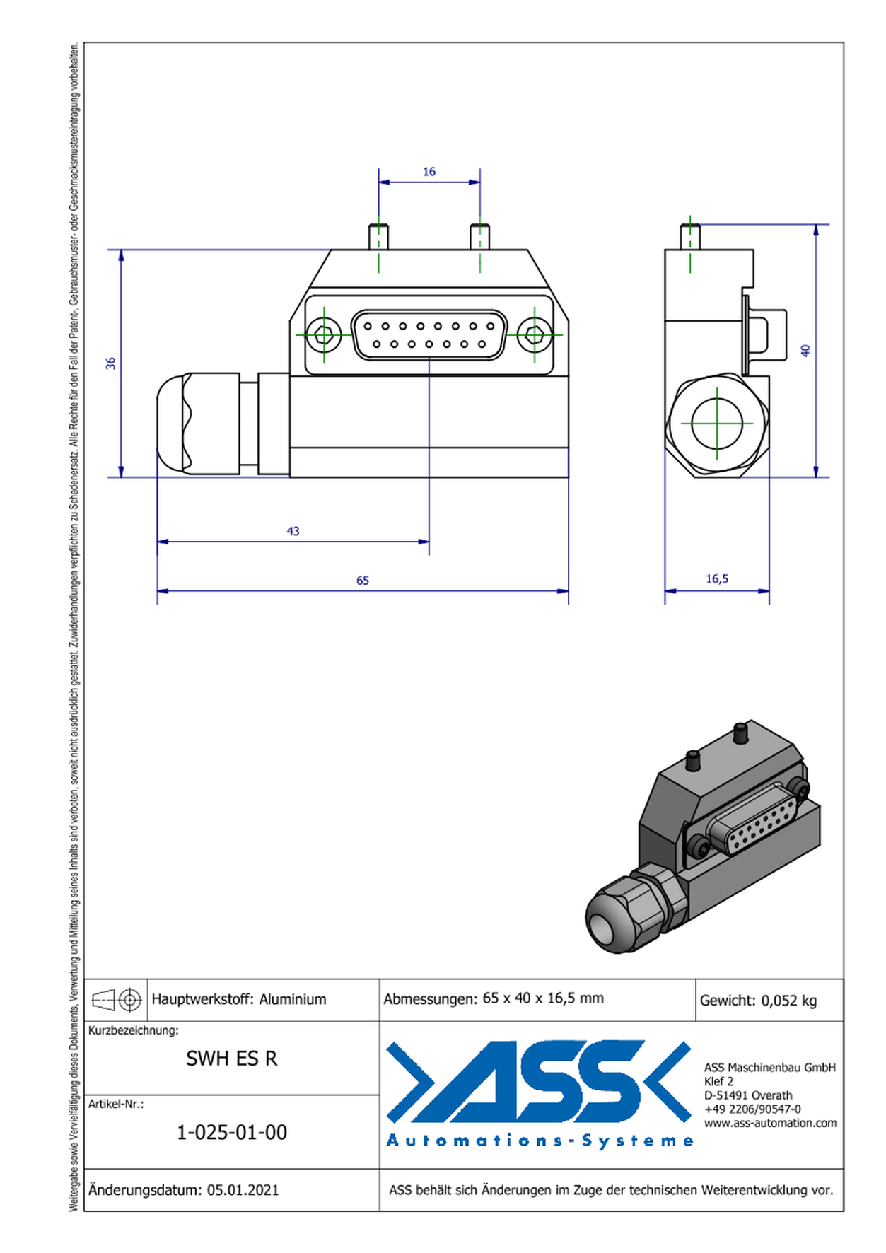 SWH ES R Electrical Interface D-SUB for SWH