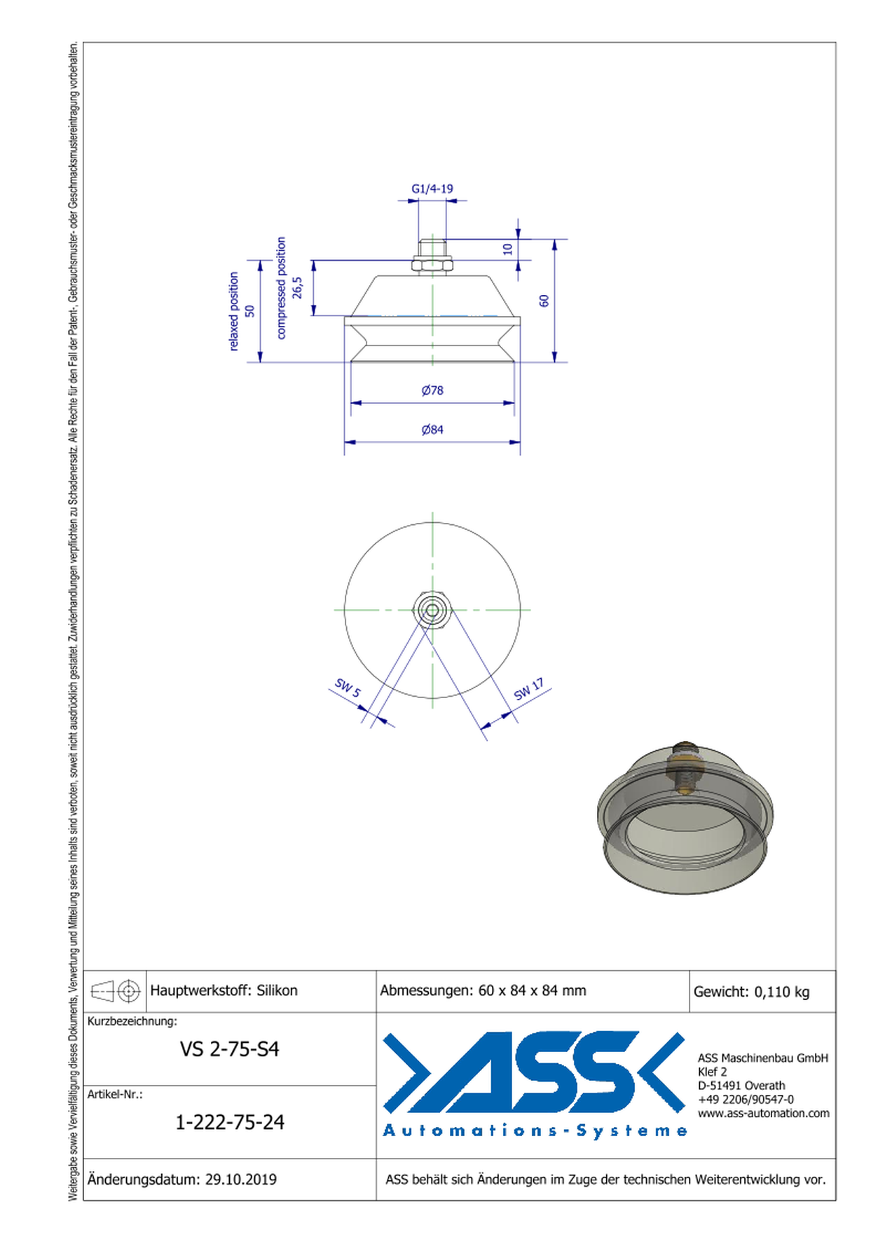 VS 2-75-S4 Vacuum Cup, 2 Bellows