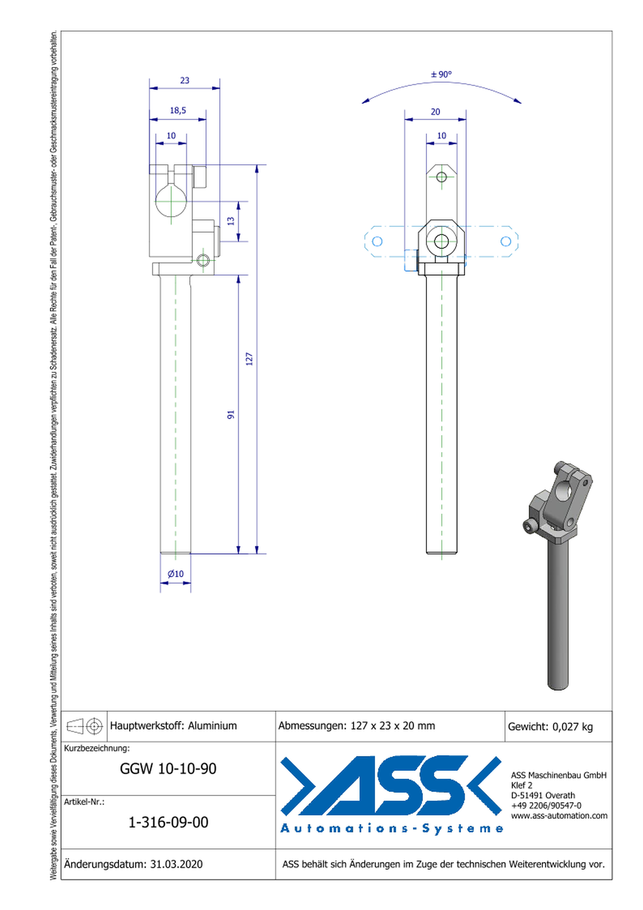 GGW 10-10-90 Gripper Arm, +/- 90 degree