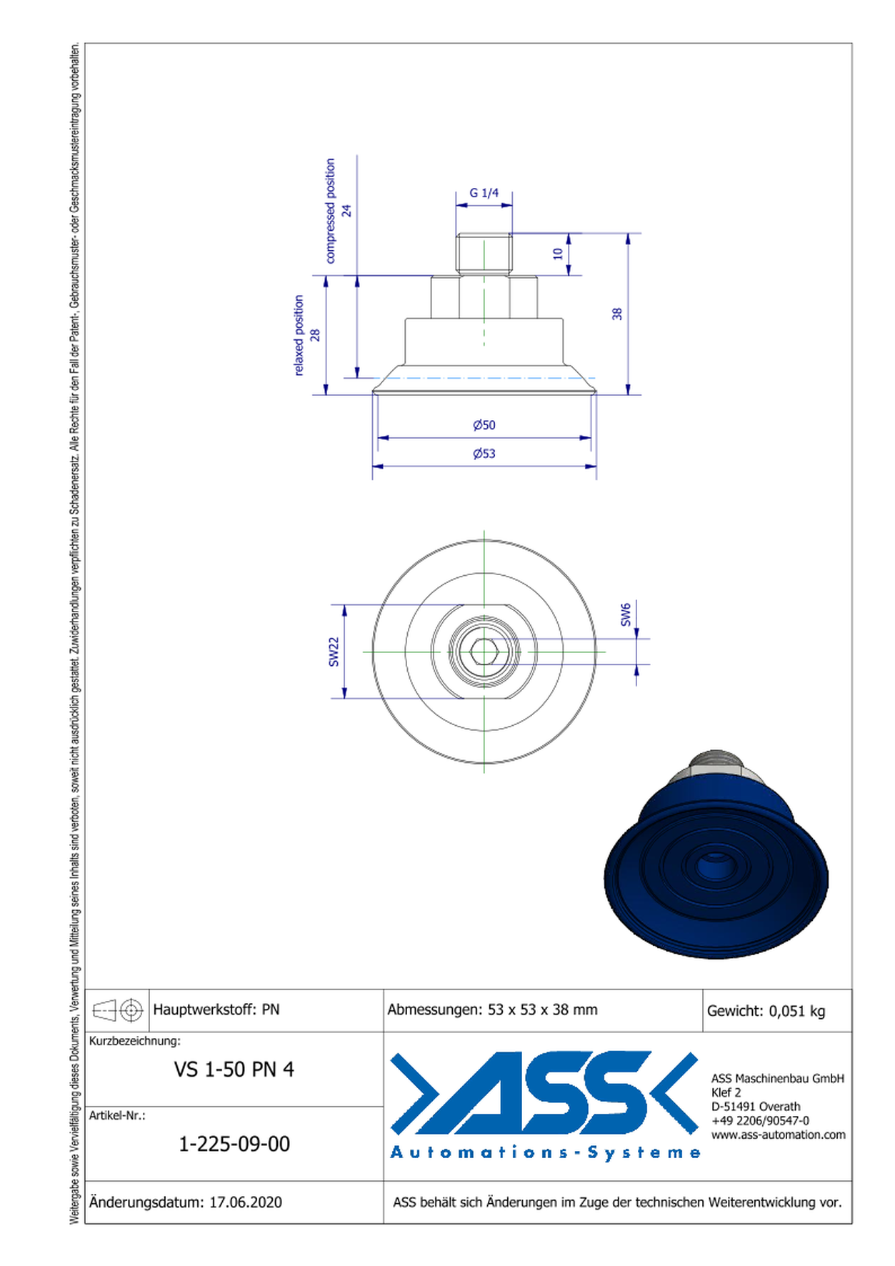 VS 1-50-PN4 Vacuum Cup, 1 Bellow, for sheet metal