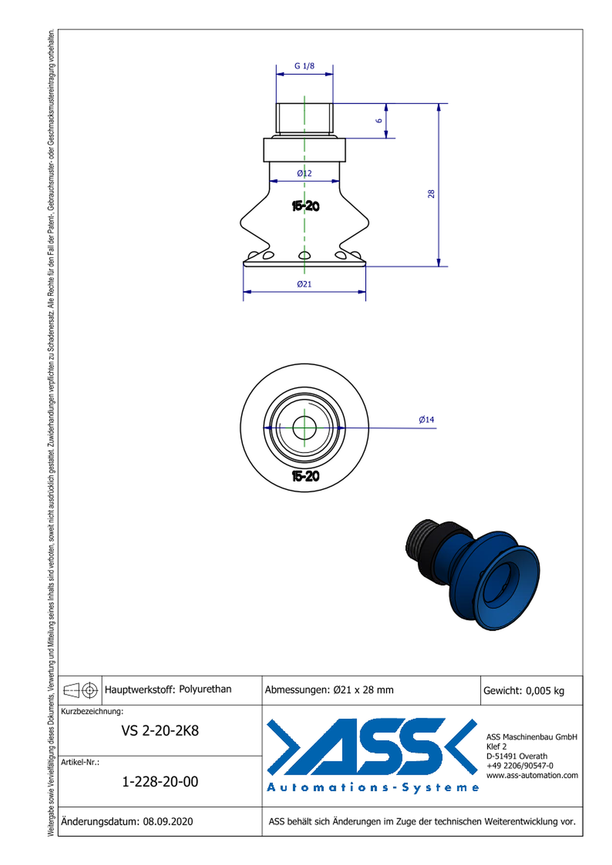 VS 2-20-2K8 2-Componet Vacuum Cup with 2 Bellows