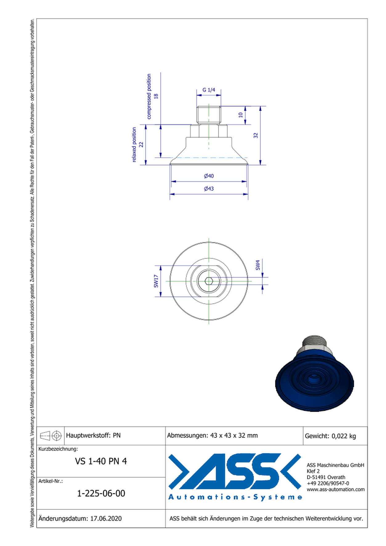 VS 1-40-PN4 Vacuum Cup, 1 Bellow, for sheet metal