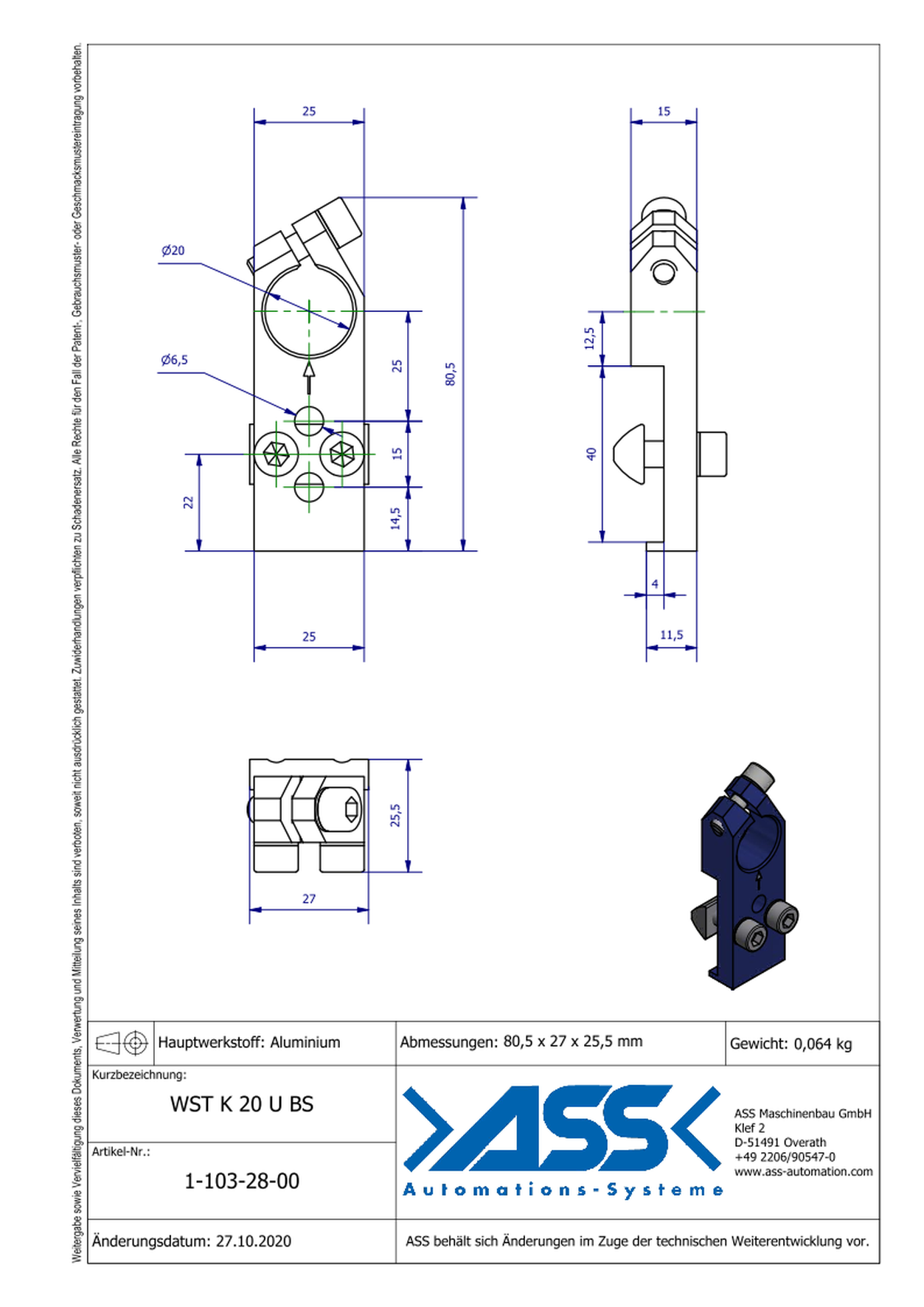 WST K 20 U BS Angle Clamp universal, Blue Scale