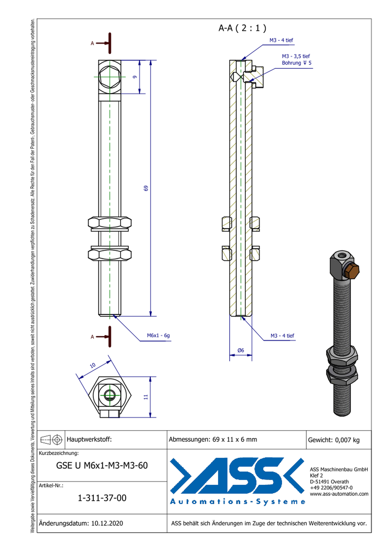 GSE U M6x1-M3-M3-60 Gripper Arm for Vacuum Cups with Air Duct, Micro