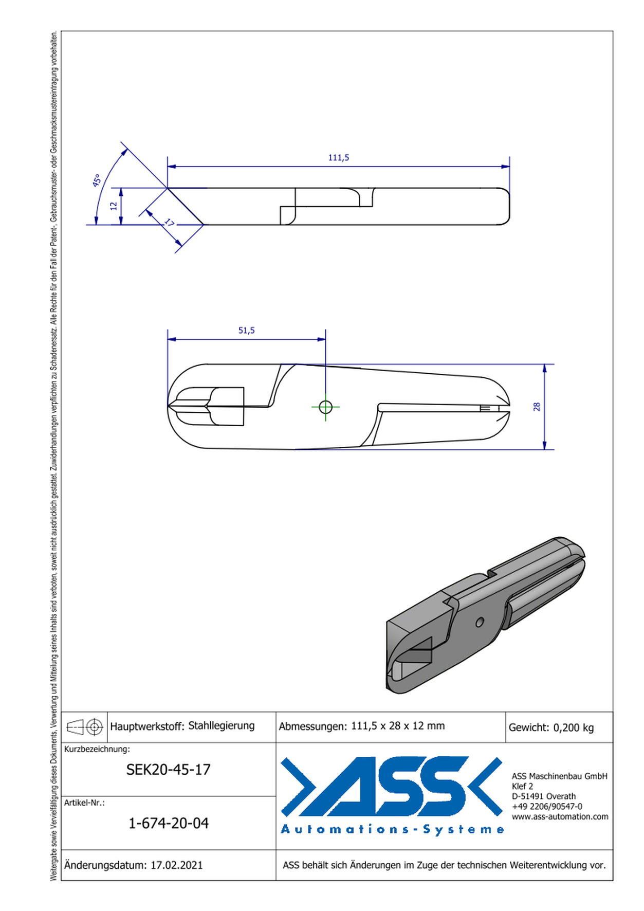 SEK20-45-17 Nipper Blade, Special Design: Pinch 45°