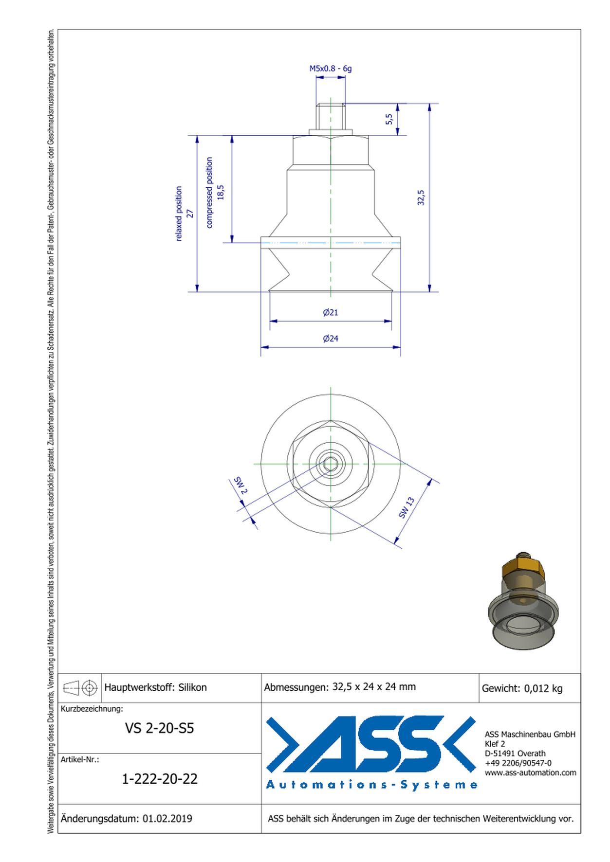 VS 2-20-S5 Vacuum Cup, 2 Bellows