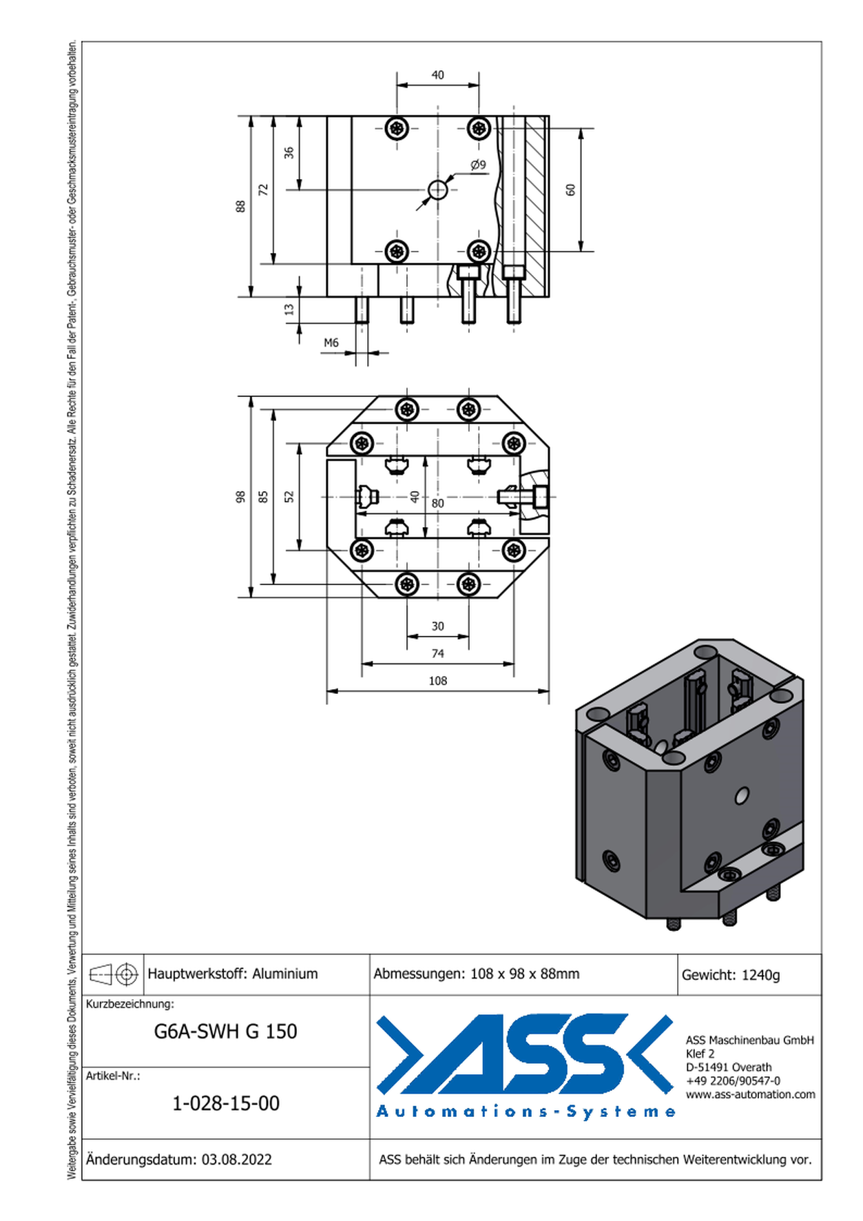 G6A-SWH G 150 Gripper (EOAT) Base Frame for SWH G 150