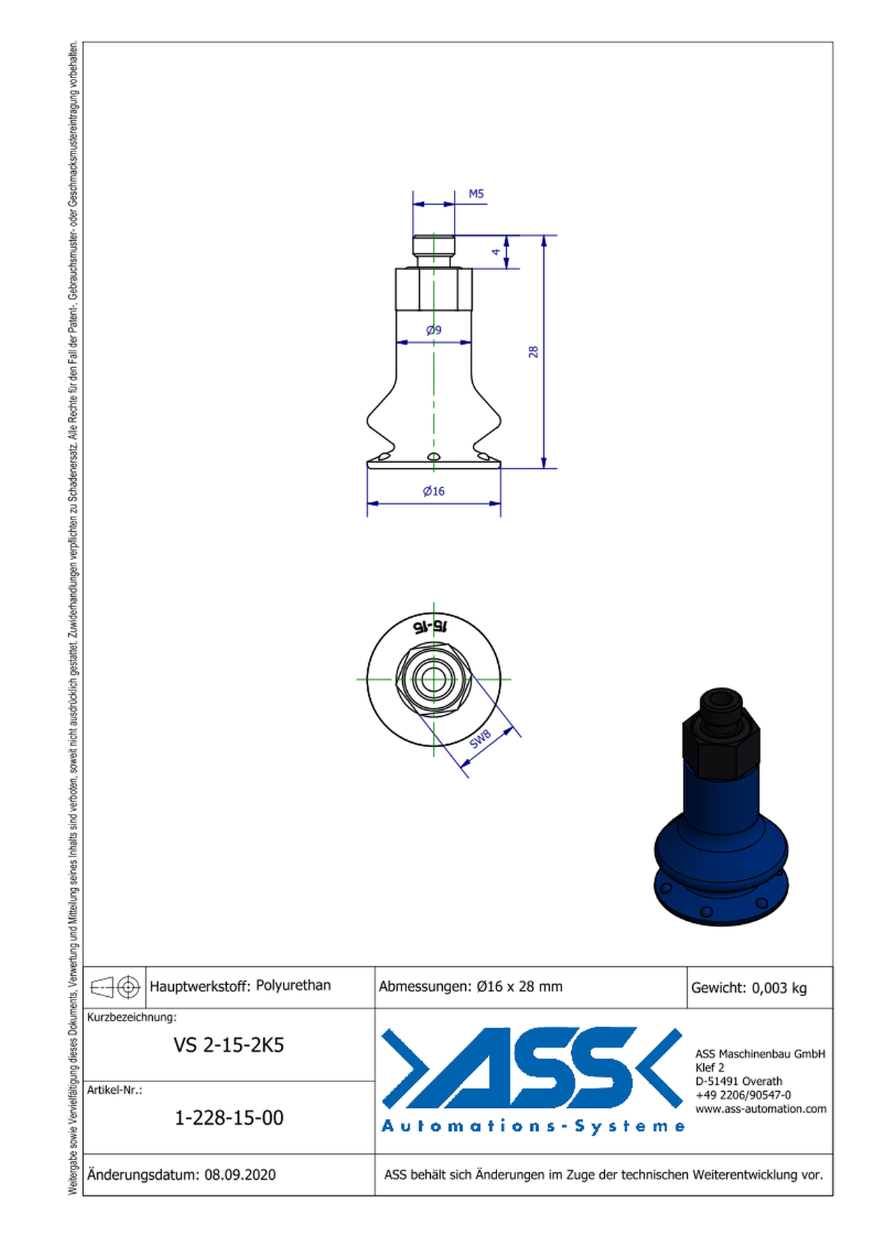 VS 2-15-2K5 2-Componet Vacuum Cup with 2 Bellows