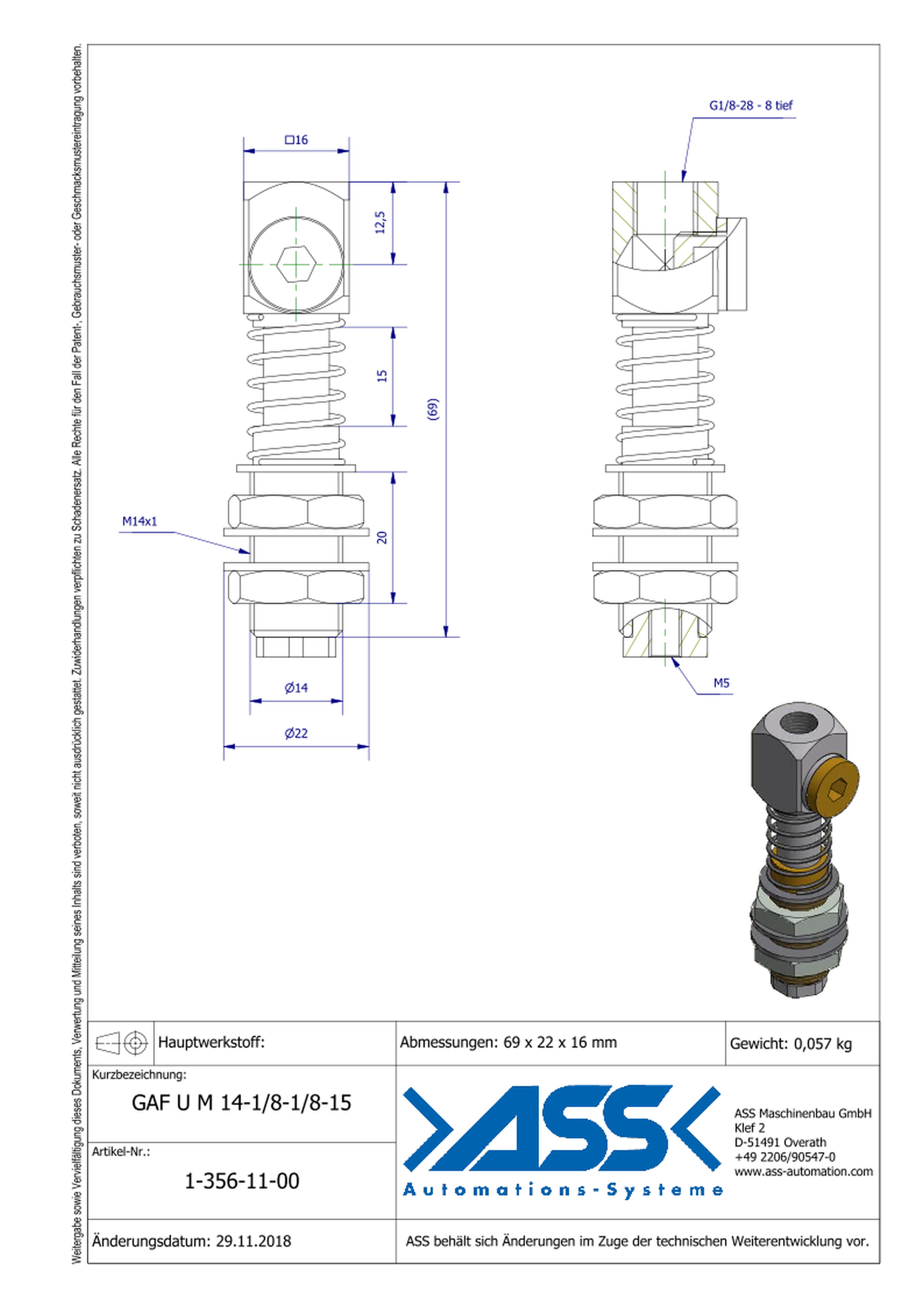 GAF U M14-1/8-1/8-15 Spring Loaded Gripper Arm with Air Duct