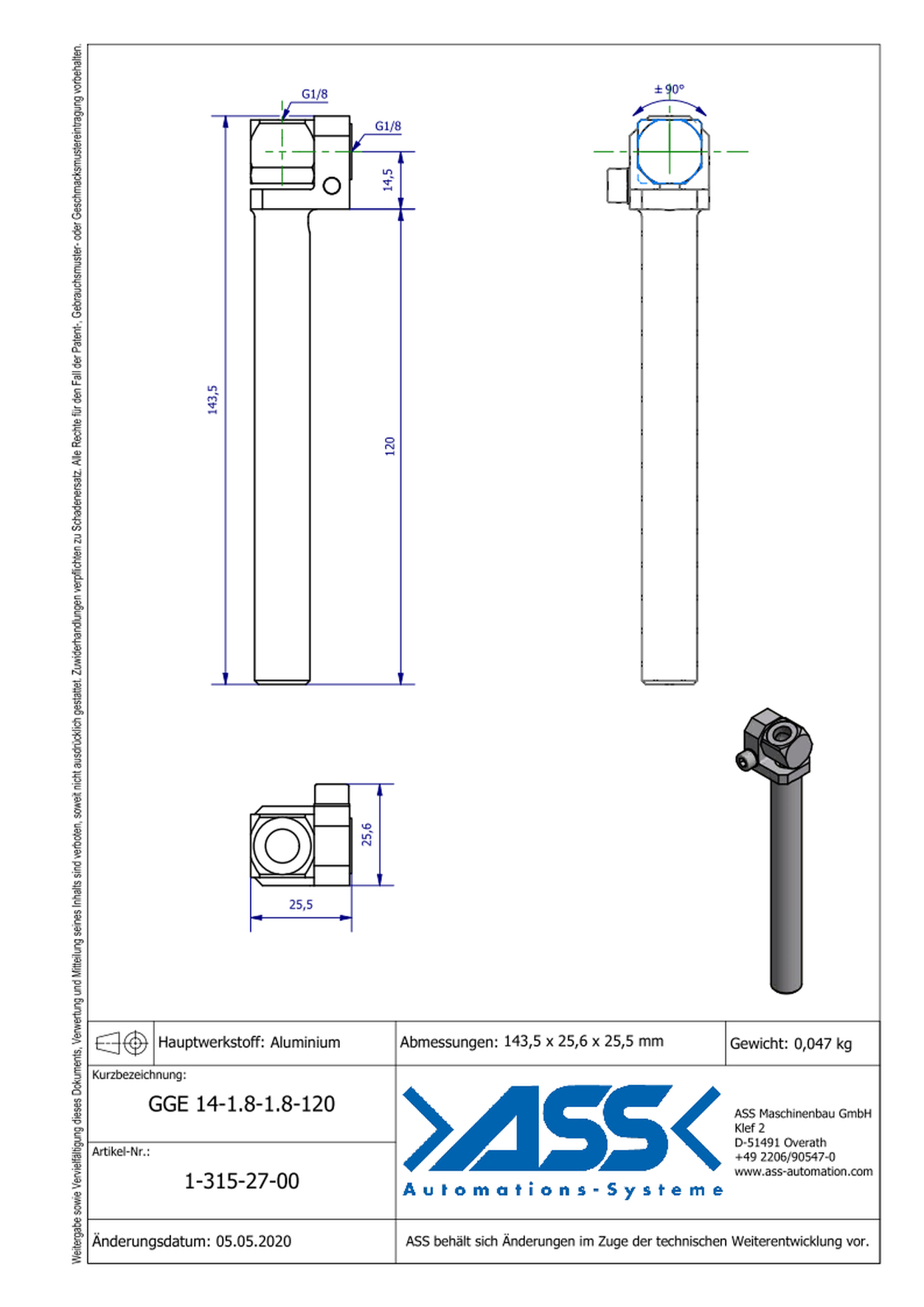 GGE 14-1/8-1/8-120 Elbow Gripper Arm for Vacuum Cups