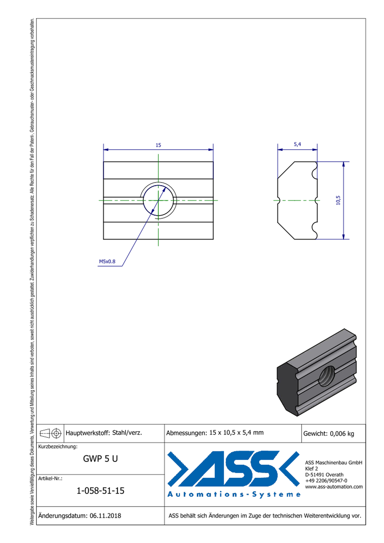 GWP 5 U Channel Nut with one Thread M5