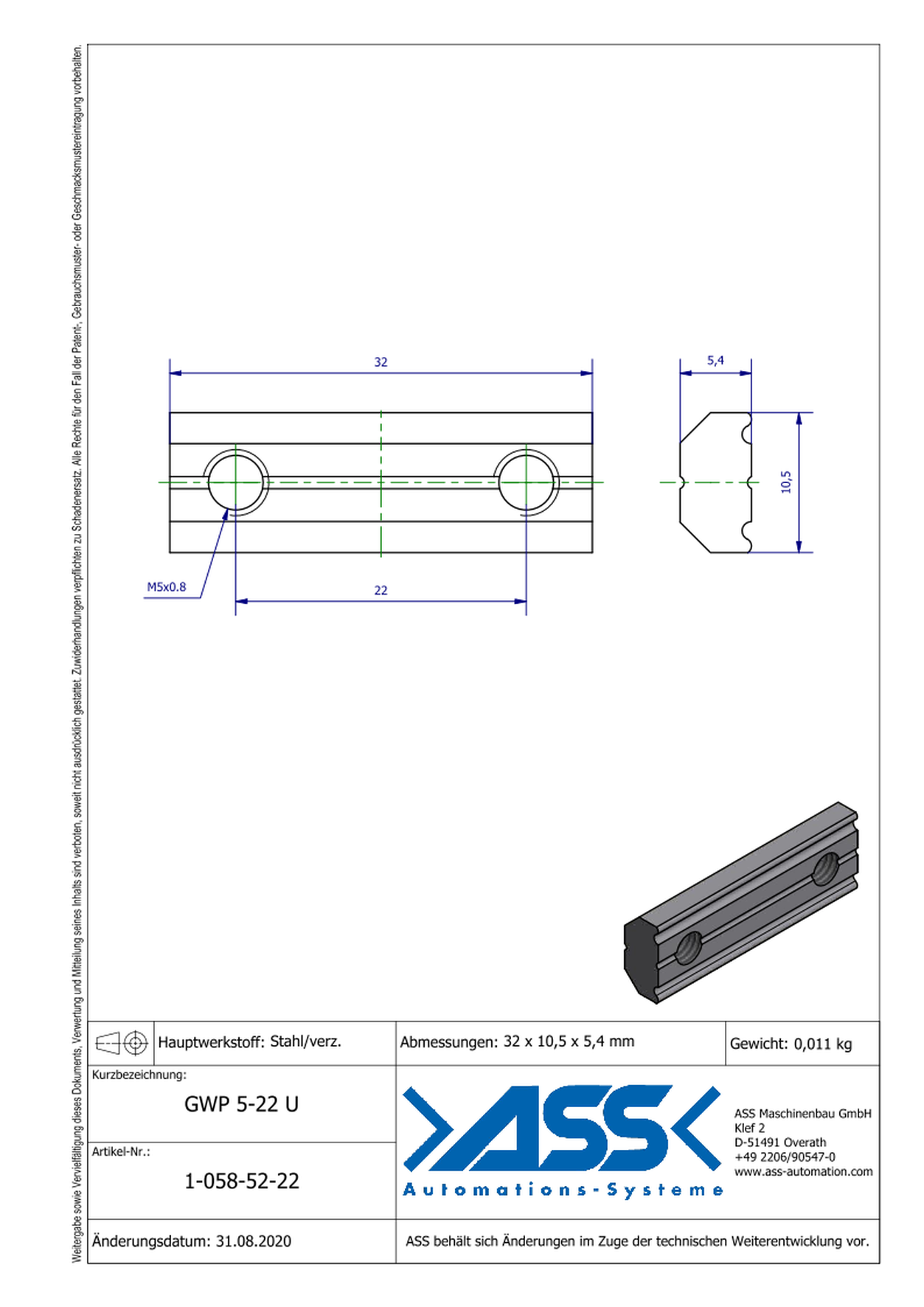 GWP 5-22 U Channel Nut with two Threads M5