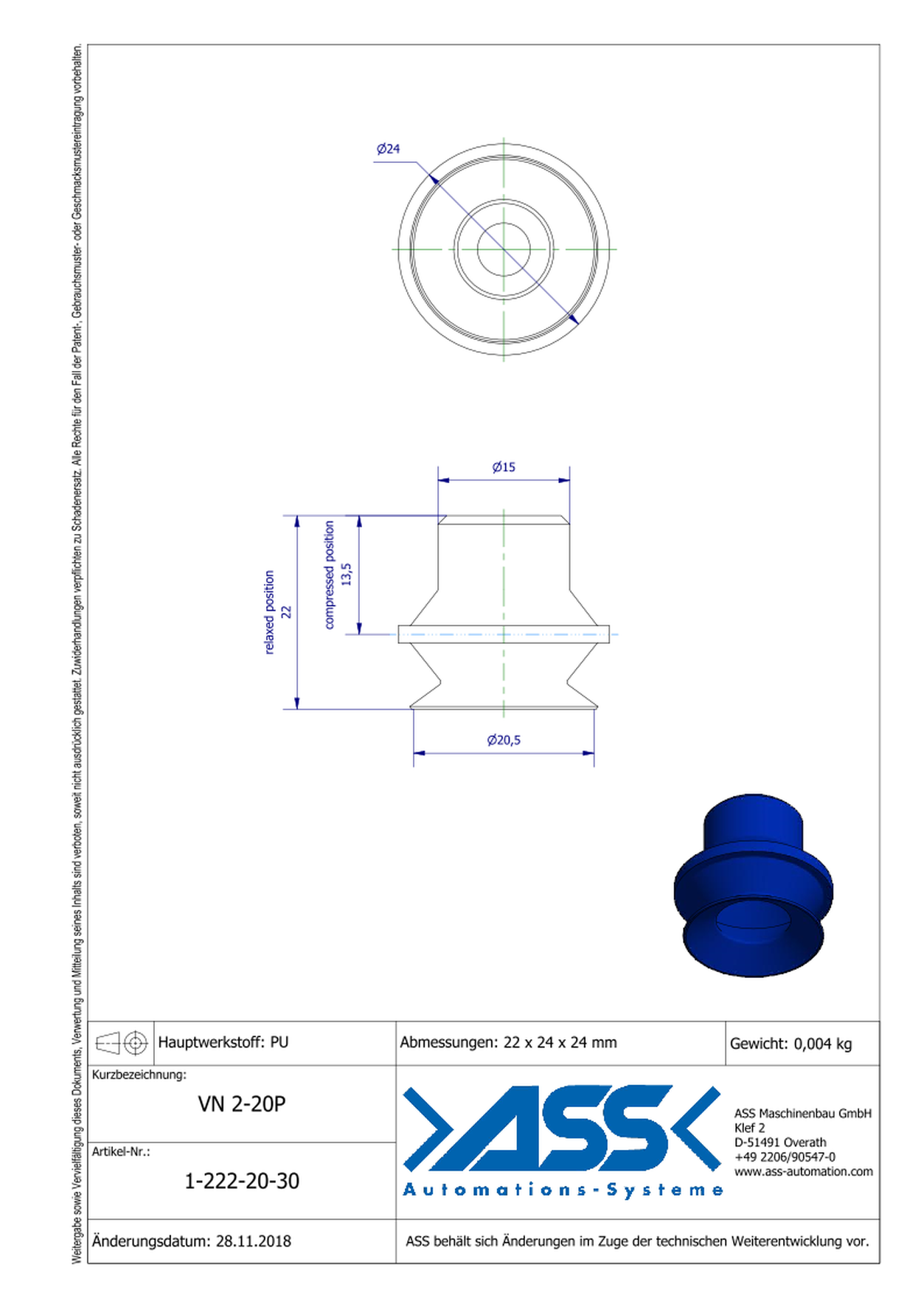 VN 2-20-P Suction Cup, 2 Bellows