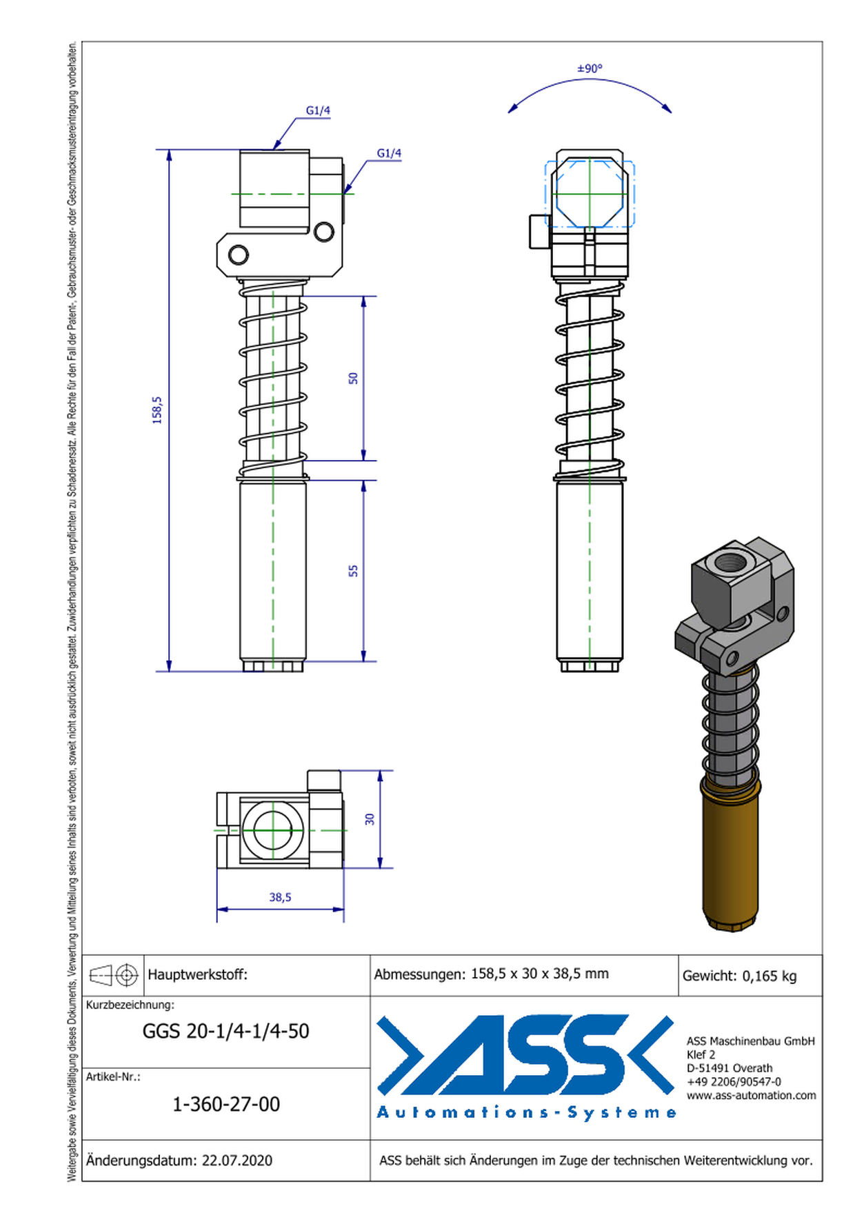 GGS 20-1/4-1/4-50 Spring Loaded Gripper Arm, locked against rotation