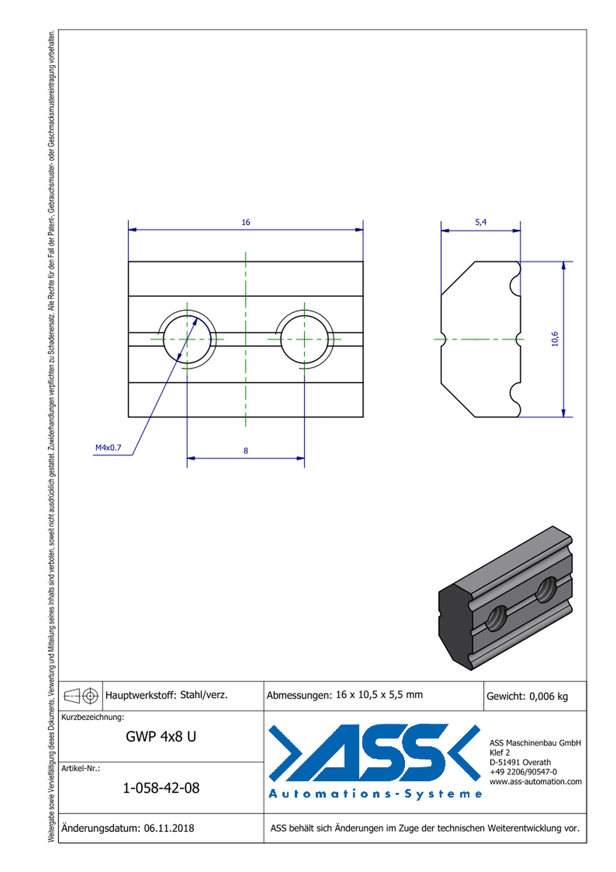 GWP 4-8 U Channel Nut with two Threads M4