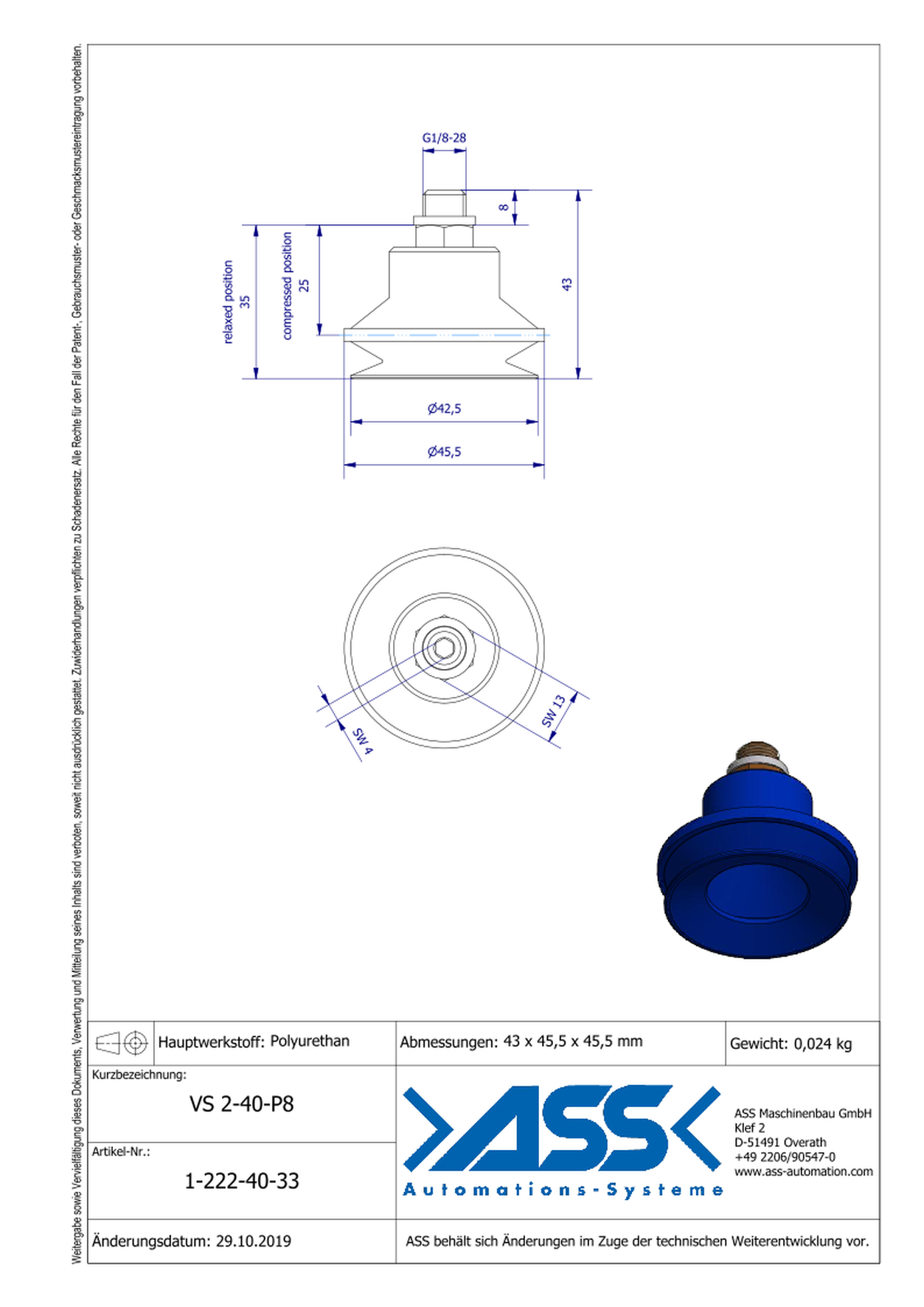 VS 2-40-P8 Vacuum Cup, 2 Bellows