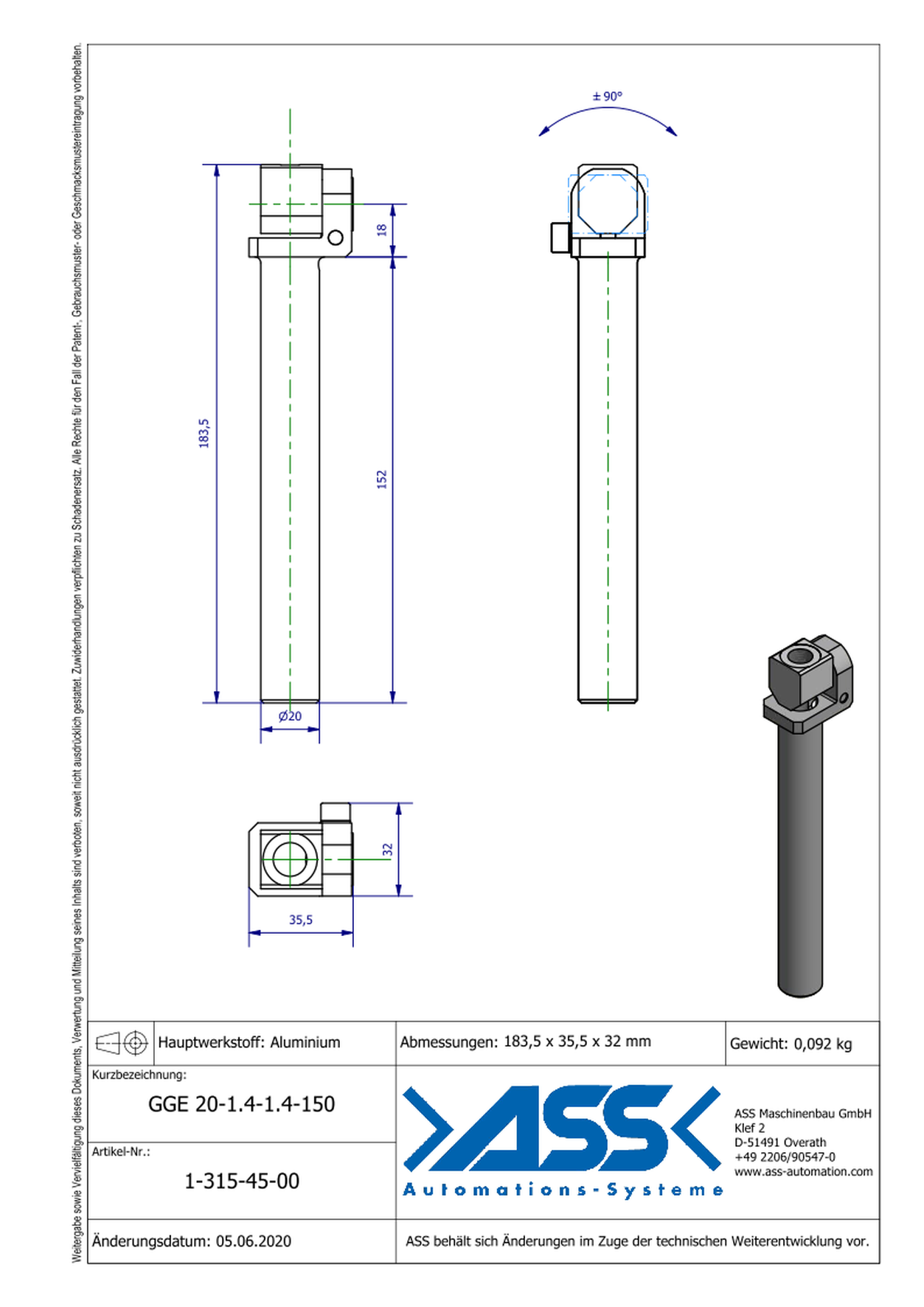 GGE 20-1/4-1/4-150 Elbow Gripper Arm for Vacuum Cups