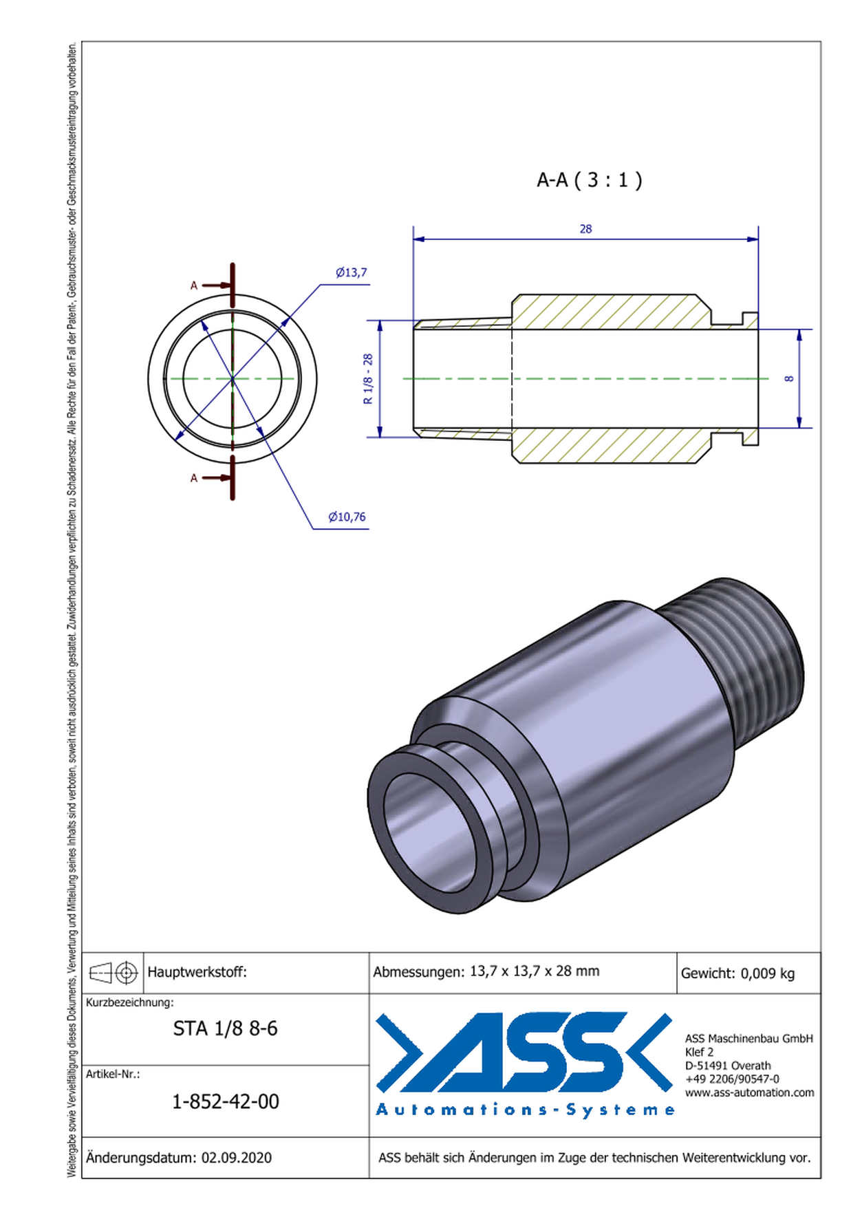 STA 1/8 8-6 Straight Quick Connector for PSS