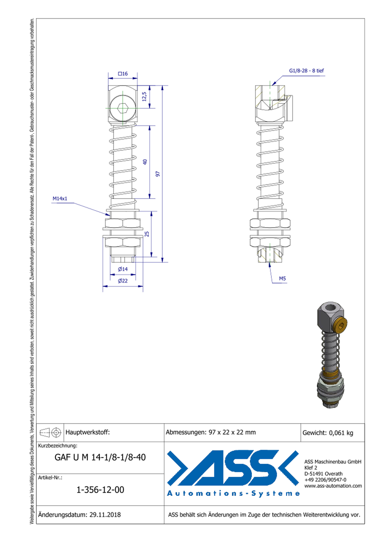 GAF U M14-1/8-1/8-40 Spring Loaded Gripper Arm with Air Duct