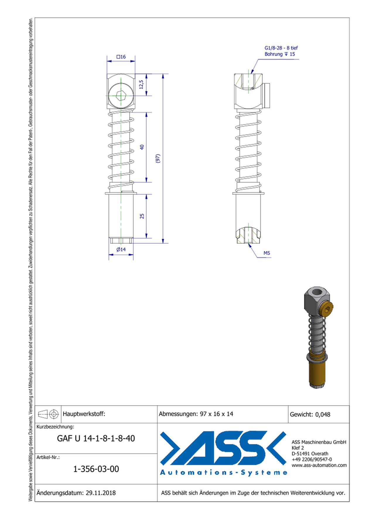 GAF U 14-1/8-1/8-40 Spring Loaded Gripper Arm with Air Duct