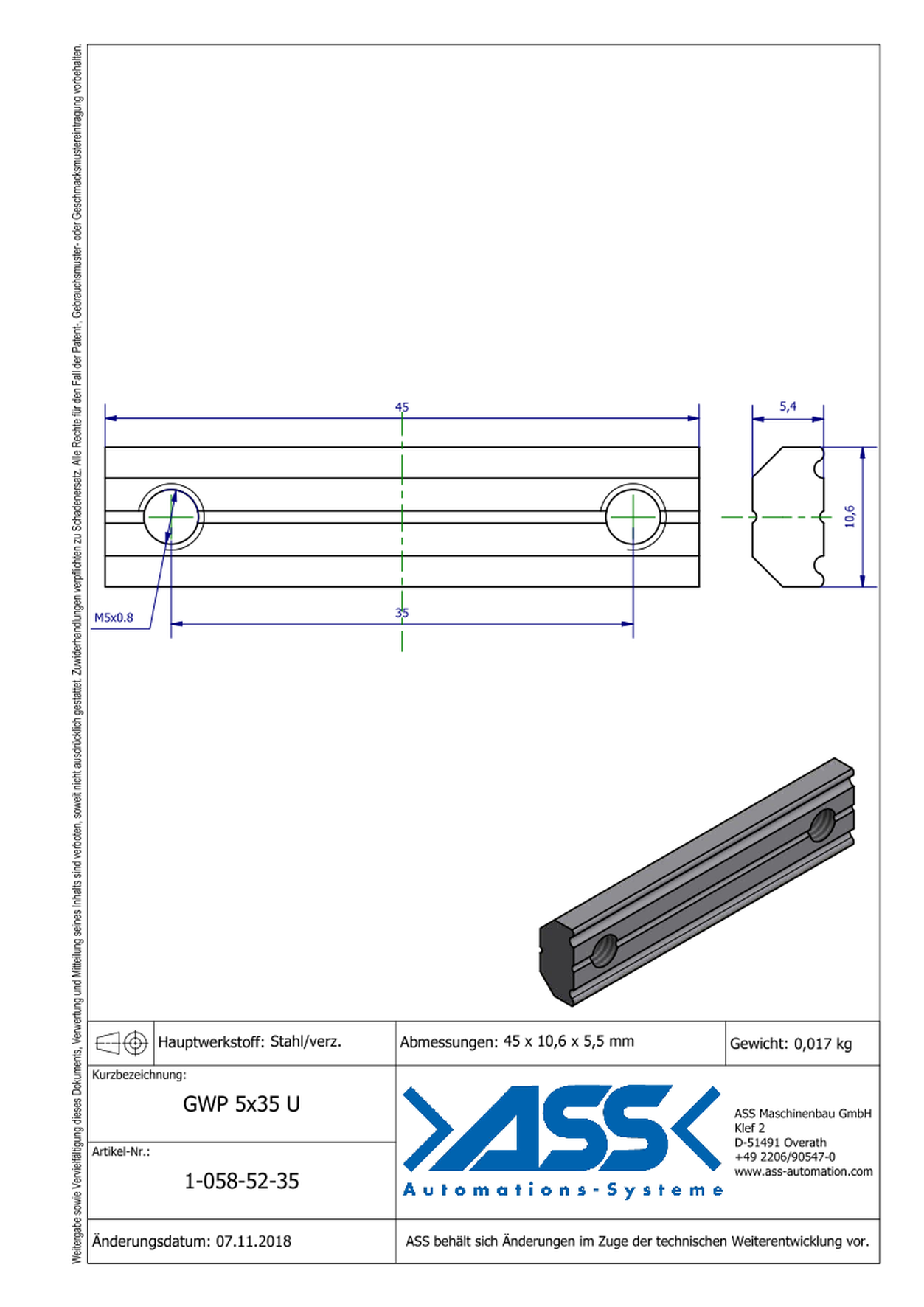 GWP 5-35 U Channel Nut with two Threads M5