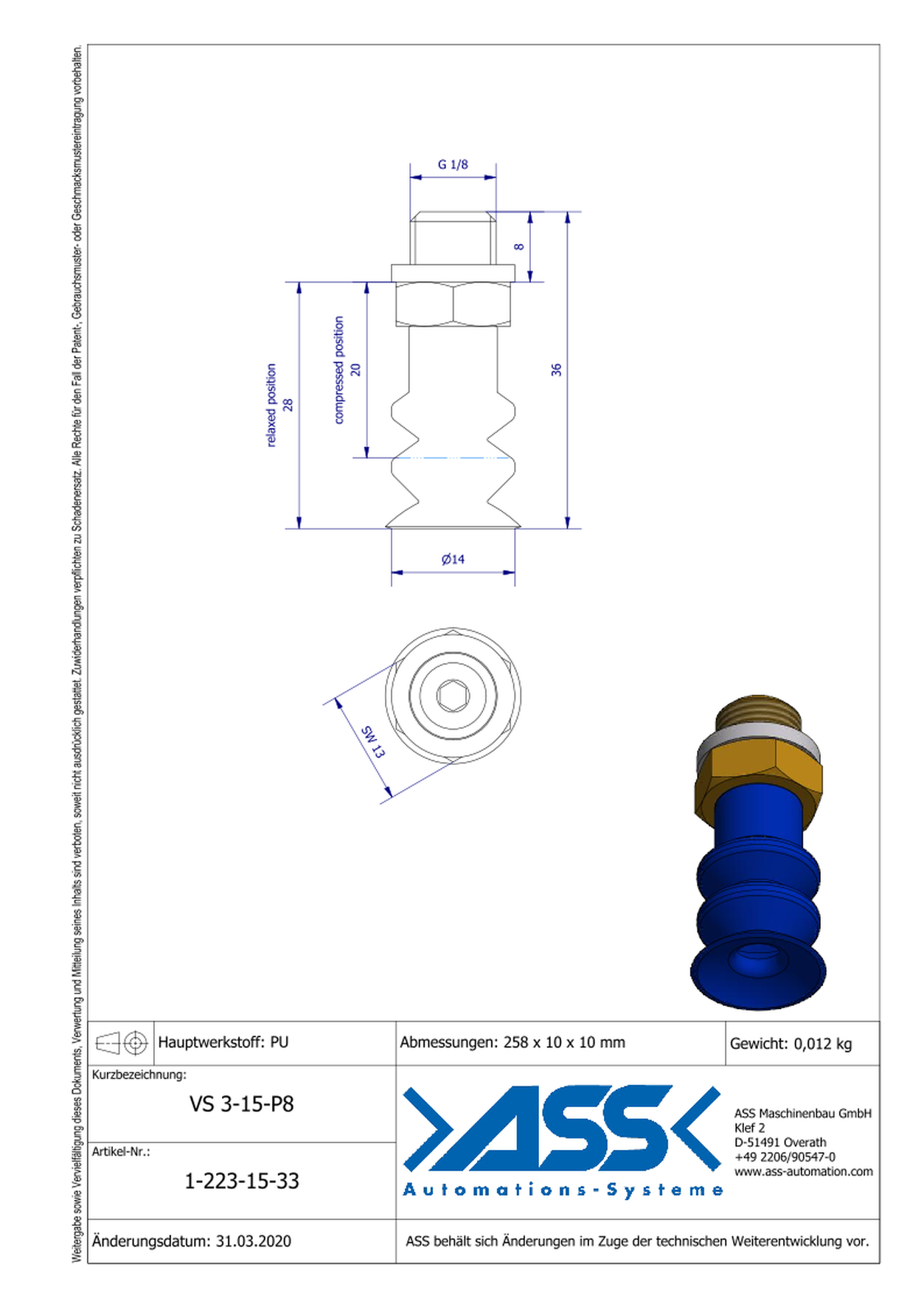 VS 3-15-HE8 Vacuum Cup, 3 Bellows Model: round, FDA/BfR Certificate: no, Bellows: 3, Holding force: 1,1 N, Material: Polyurethane, : 15, : G1/8″