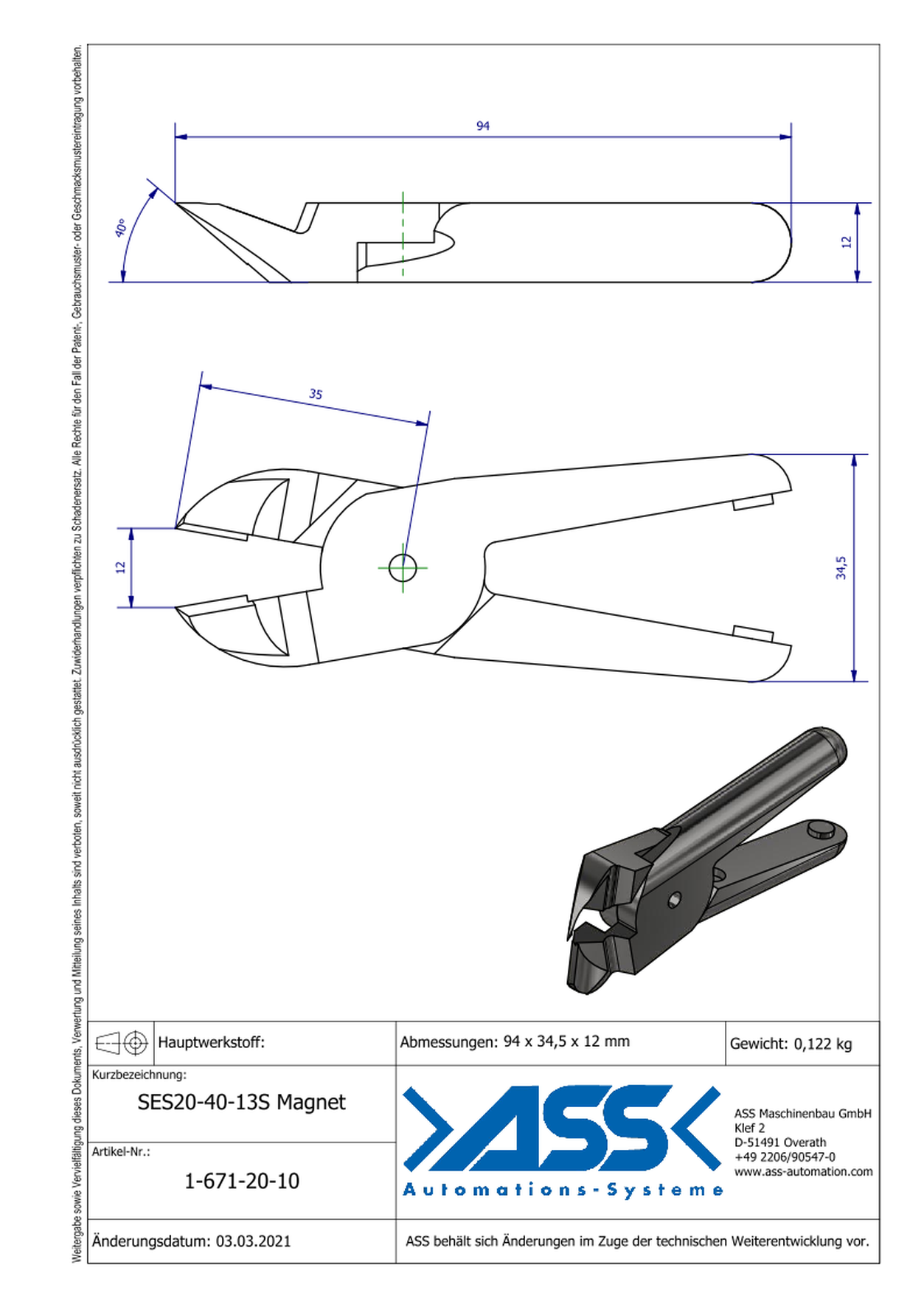 SE20-40-13S Magnet Nipper Blade Magnet Return, Standard, angulated