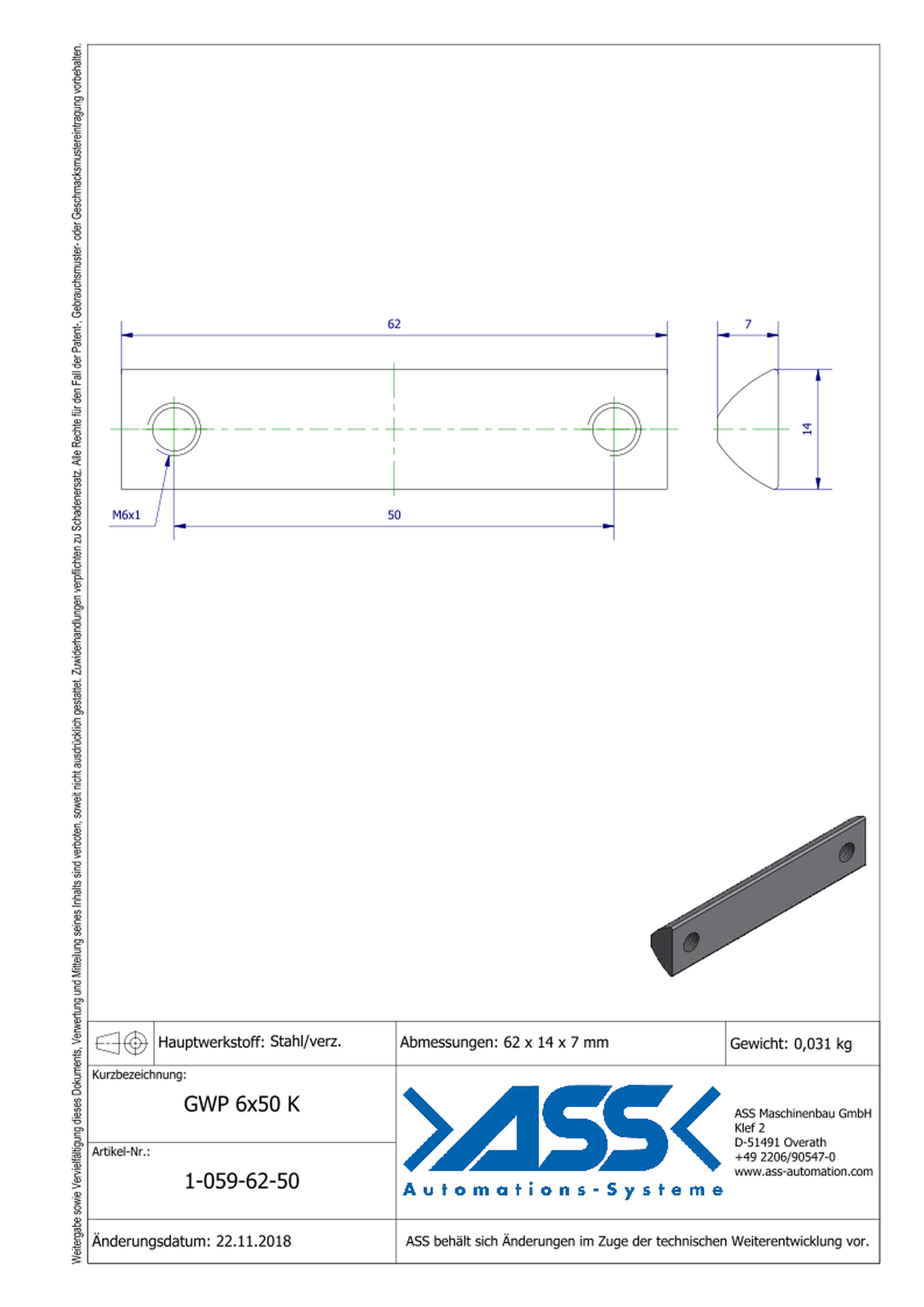 GWP 6-50 K Channel Nut with two Threads M6