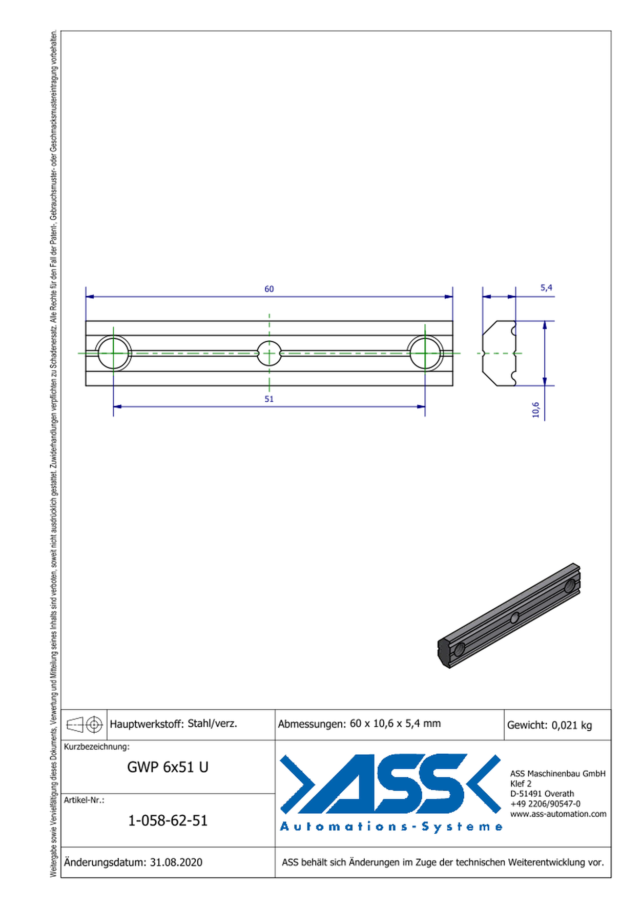 GWP 6-51 U Channel Nut with two Threads M6